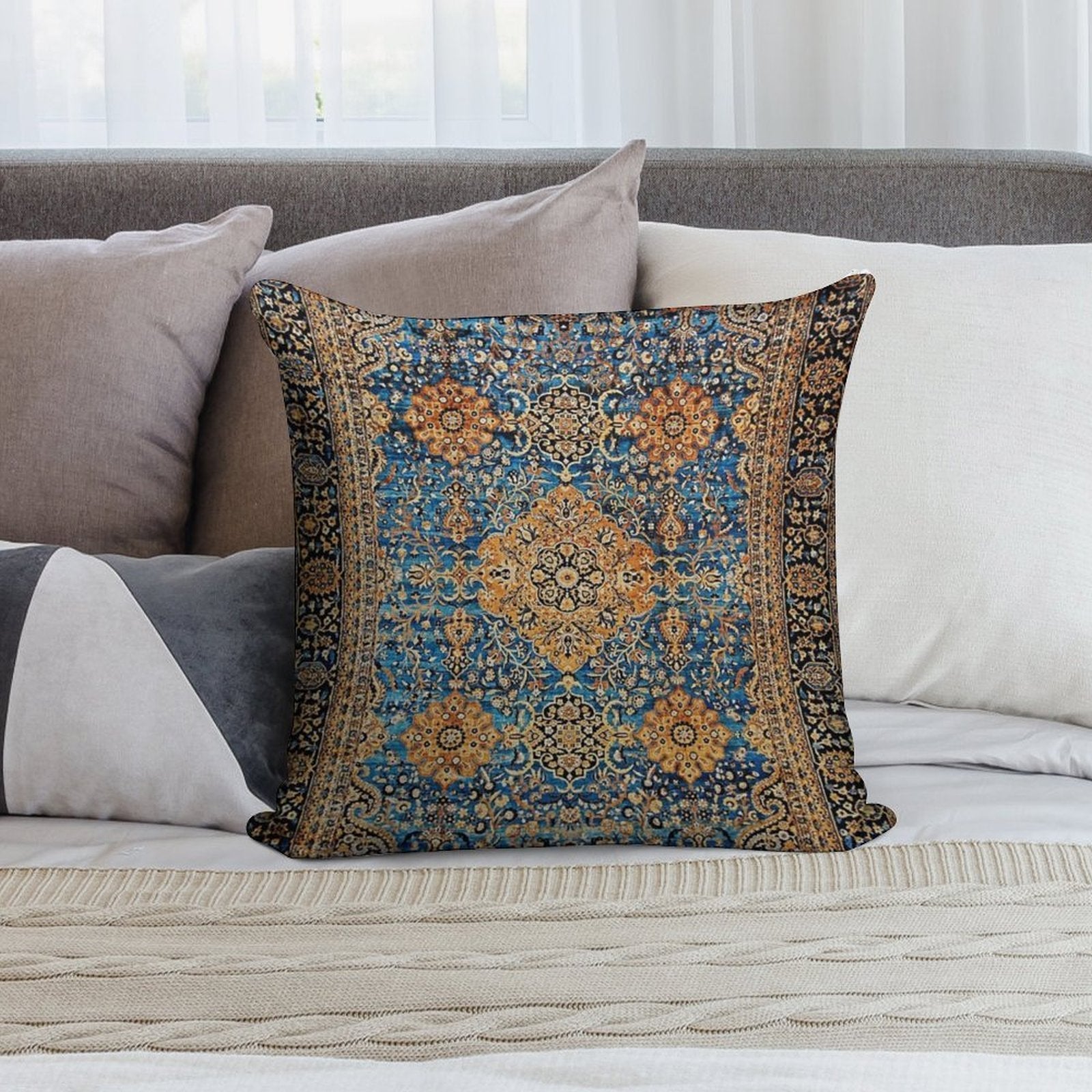 Antique Blue Persian Kirman Rug Print Soft Home Decor Throw Pillow