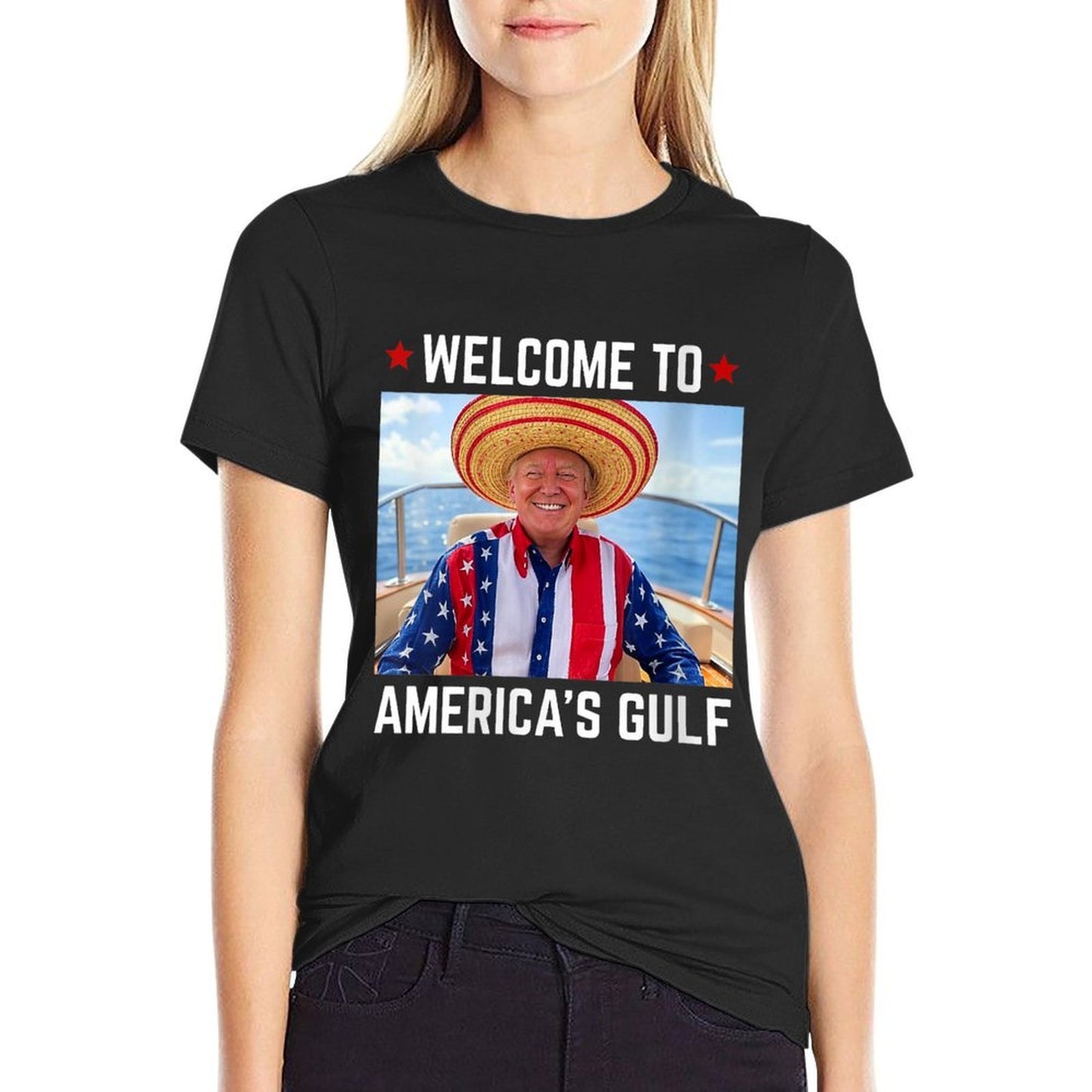 Womens Trump America's Gulf Mexico President Trump Sombrero Oversized Silhouette T-Shirt
