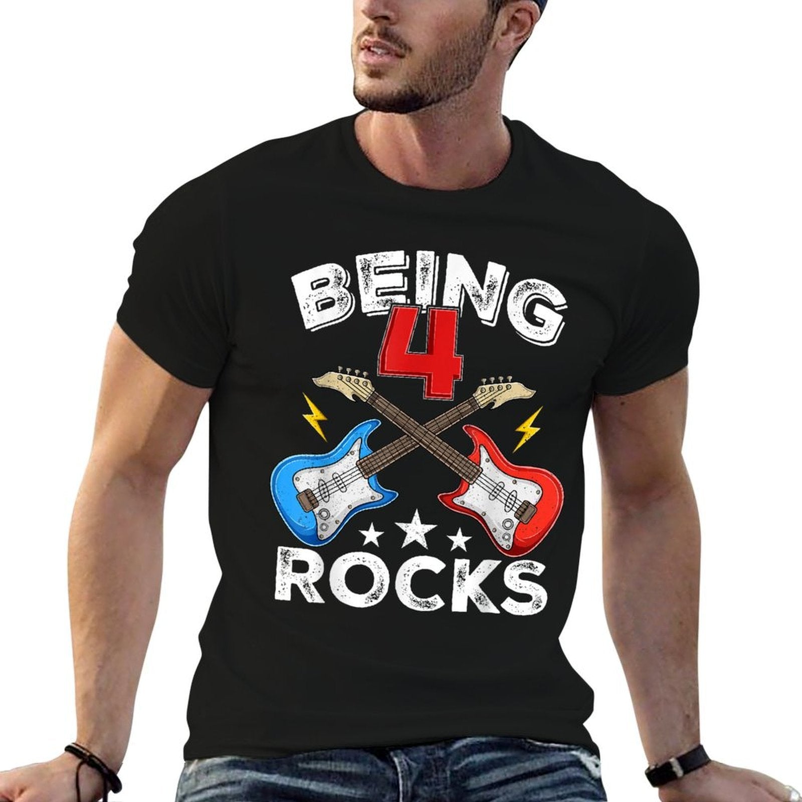 Being 4 Rocks Guitar Four Year Old Cool 4th Birthday Kids  Quick-drying T-Shirt