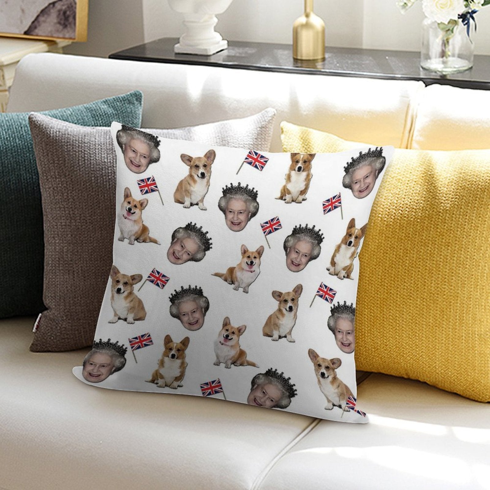 Queen Elizabeth And Corgis Pattern Soft Home Decor Throw Pillow