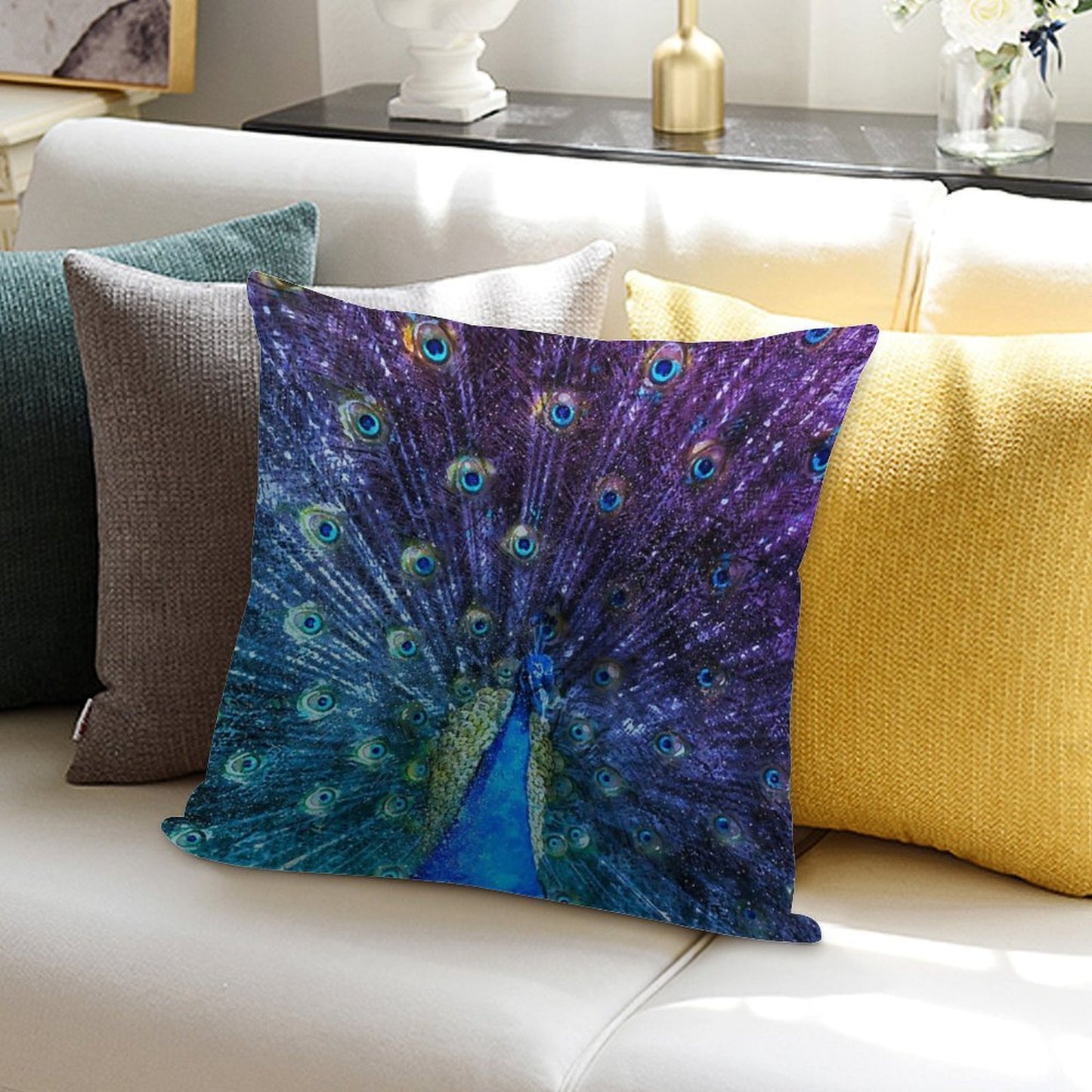 Watercolor Peacock in Purple Soft Warmth Comfort Throw Pillow