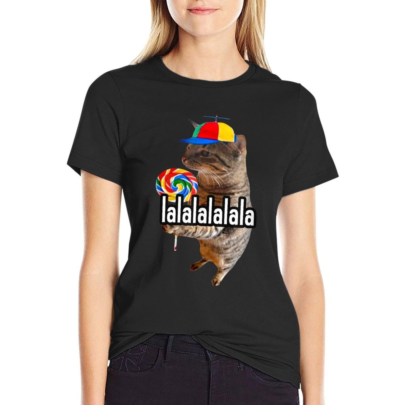 Silly Cat With Lollipop Lalalalalala Meme  Durable T-Shirt