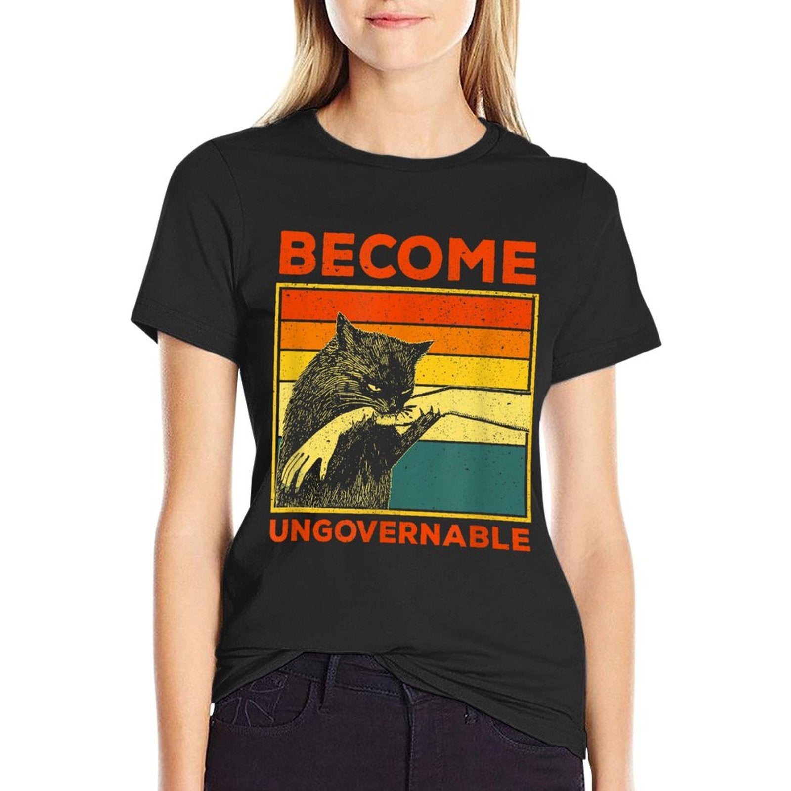 Become Ungovernable - Black Cat Biting Hand Funny Meme  Fade-proof Color T-Shirt