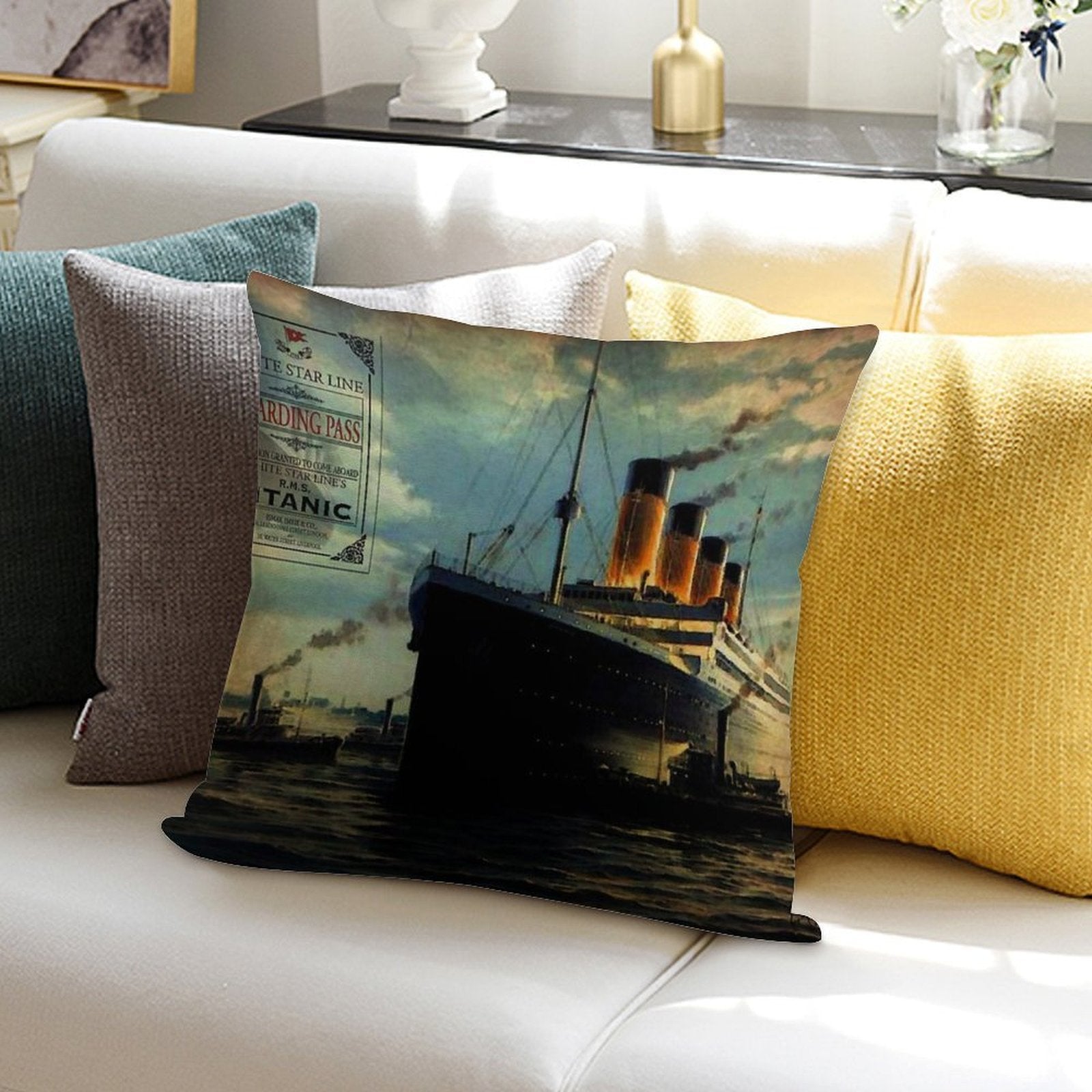 Vintage Titanic Ship with Boarding Pass Soft Fade-Resistant Throw Pillow