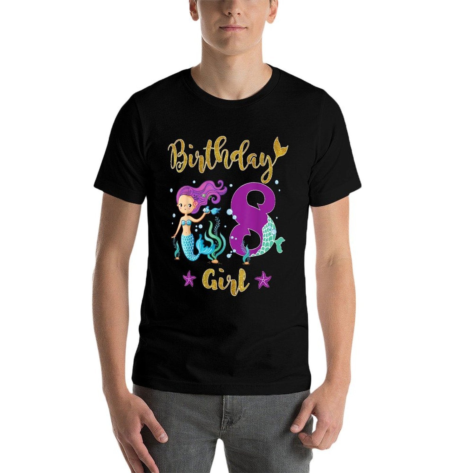 8 Year Old Mermaid Birthday Gift for Girls  Ribbed Collar T-Shirt