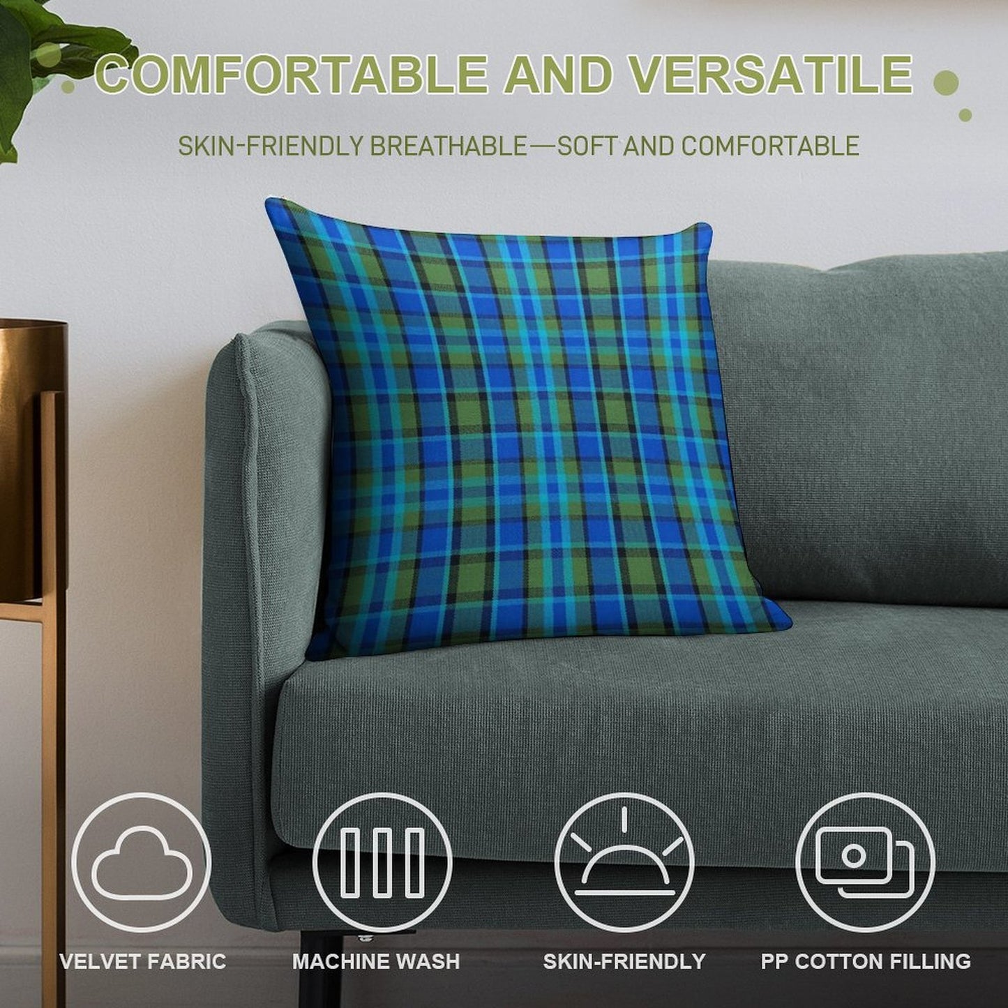 Westy Tartan Blue Plaid for Bulli Bus Camper Soft Multiple Sizes Throw Pillow