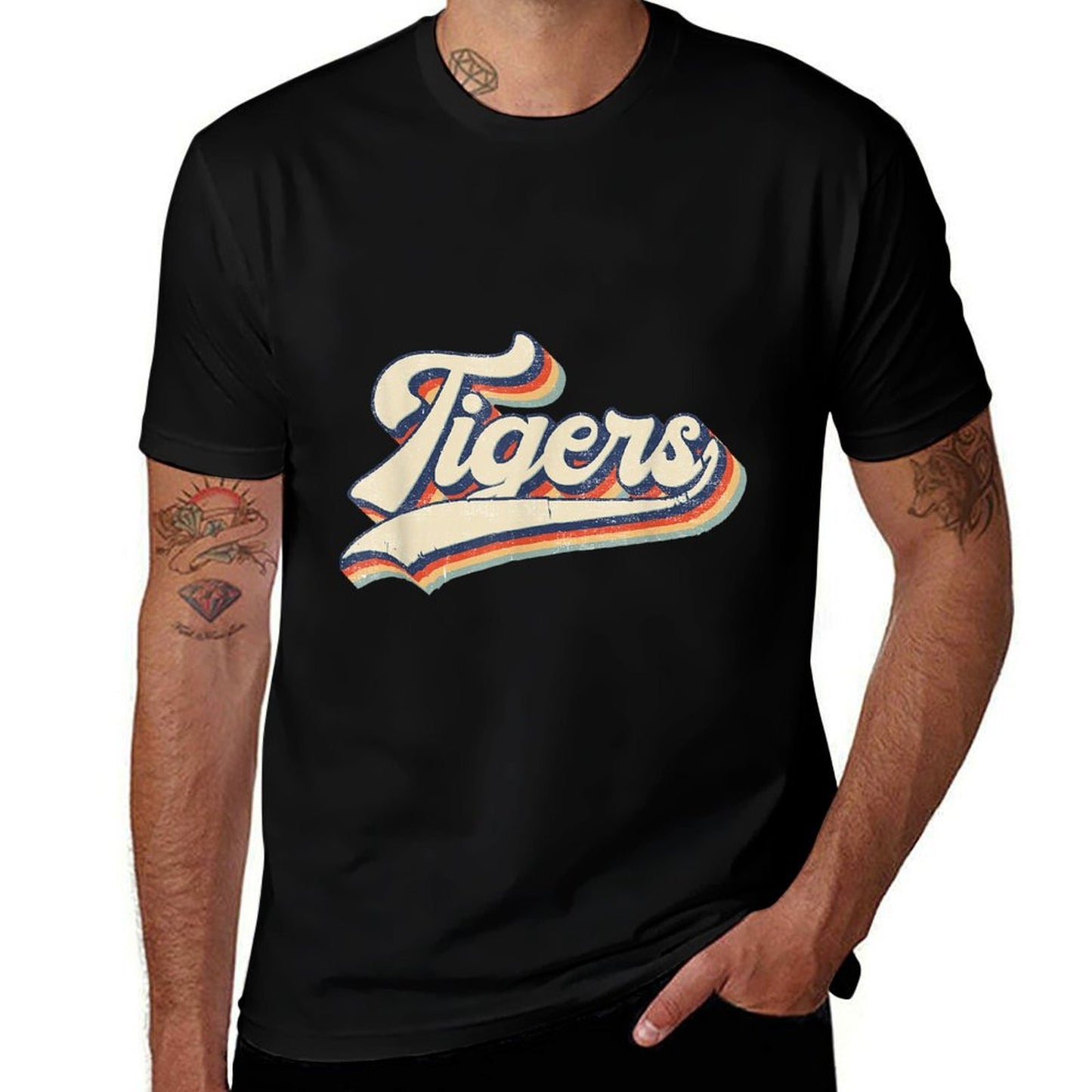 Vintage Tigers School Sports Name Retro Gift Men Women Boys Ribbed Collar T-Shirt