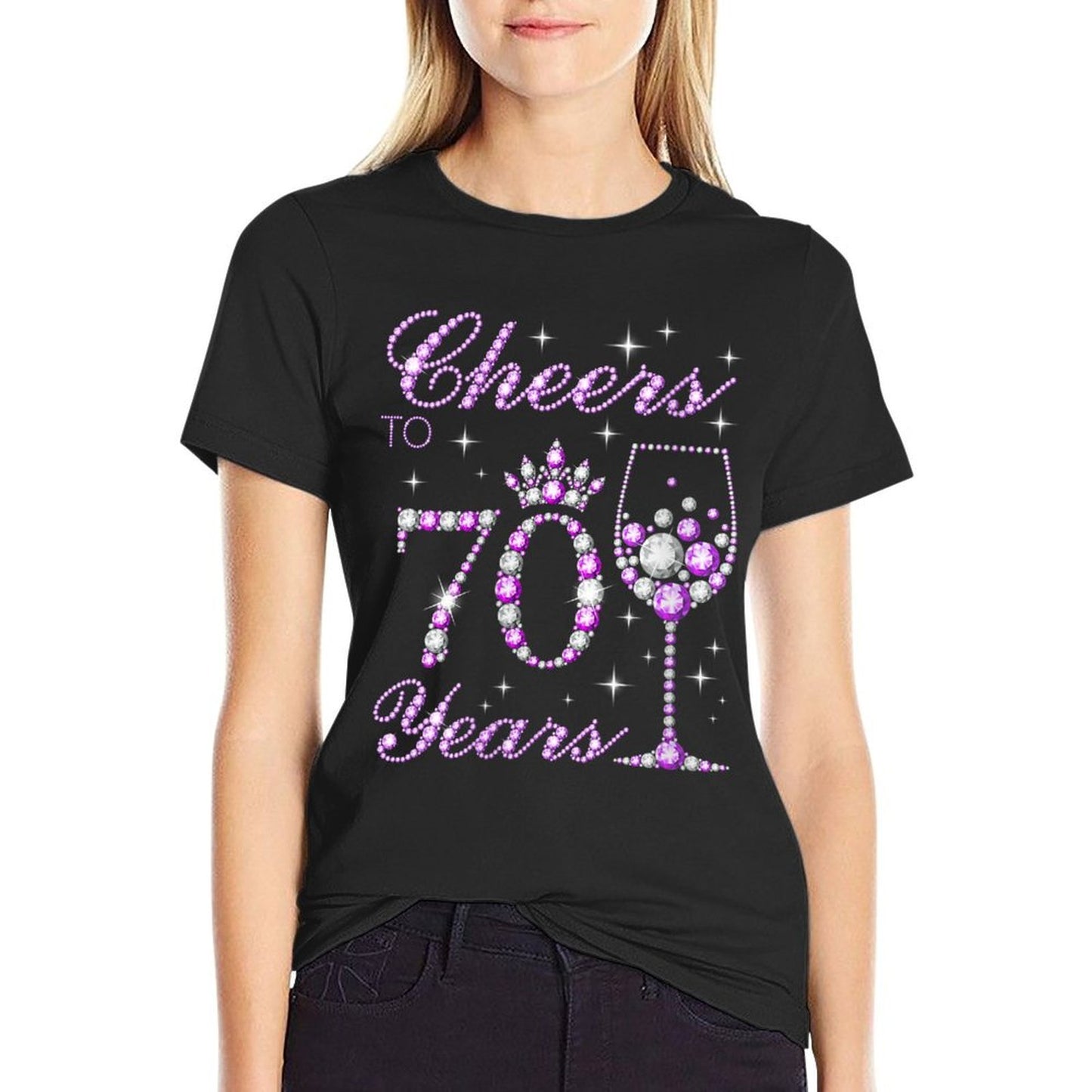 Womens Cheers to 70 Years Old Women Purple Crown 70th Birthday Summer-ready Fabric T-Shirt
