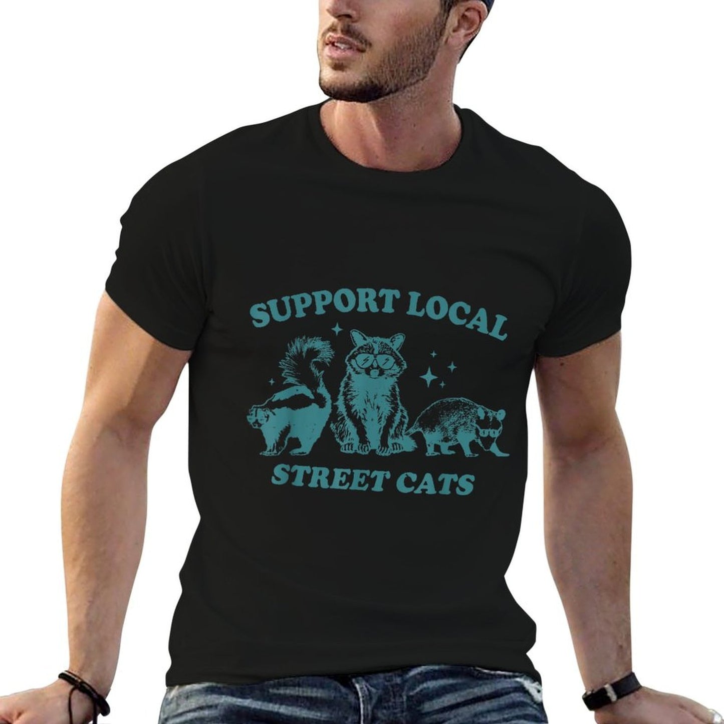 Support-Local-Street-Cat Funny Vintage Raccoon Opossum Skunk Cotton T-Shirt