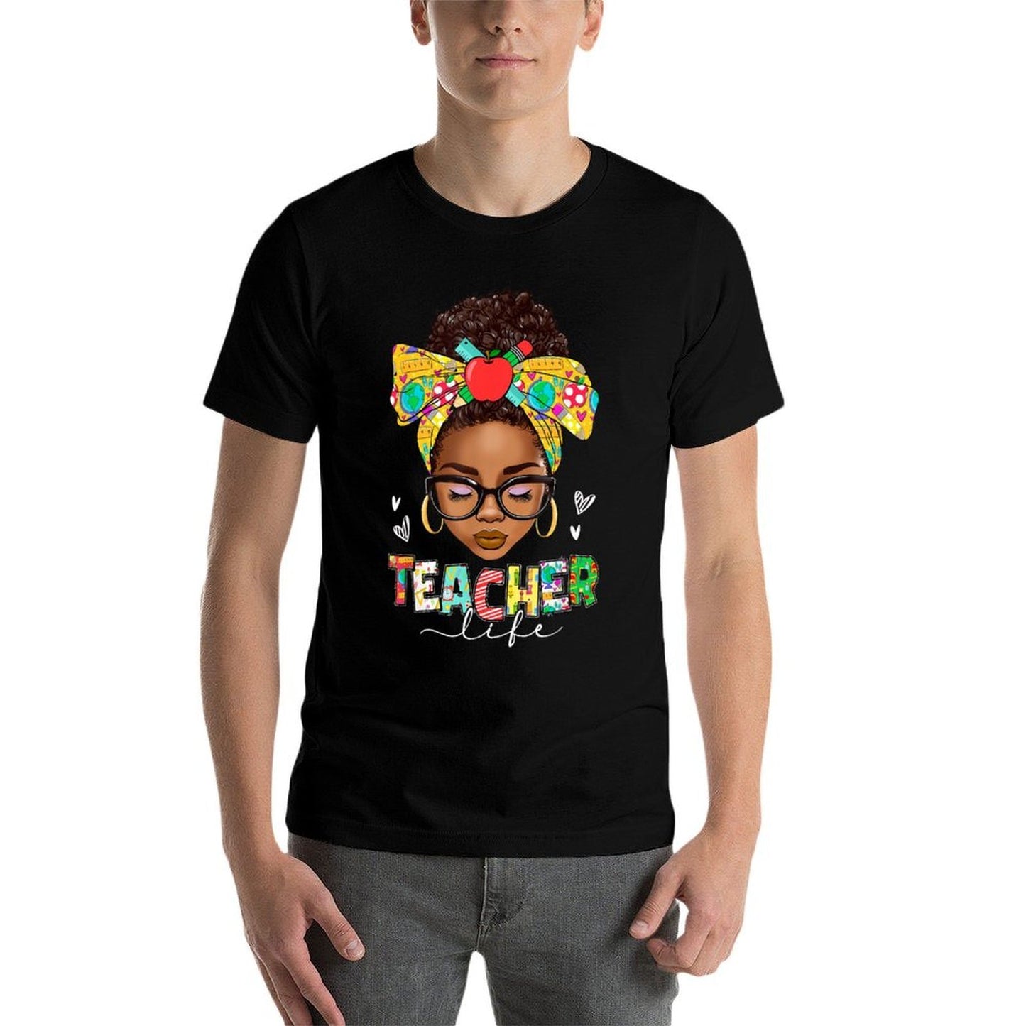 Teacher Life Messy Bun Afro African American Back To School Heathered Texture T-Shirt