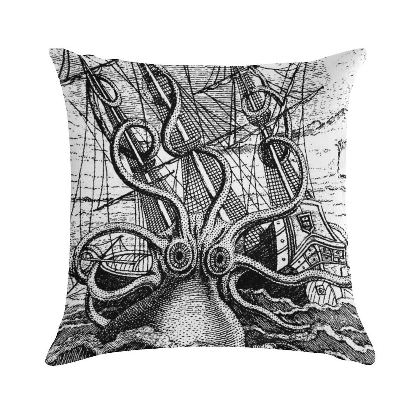 Vintage Kraken Attacking Ship Illustration Soft Short Plush Fabric Throw Pillow