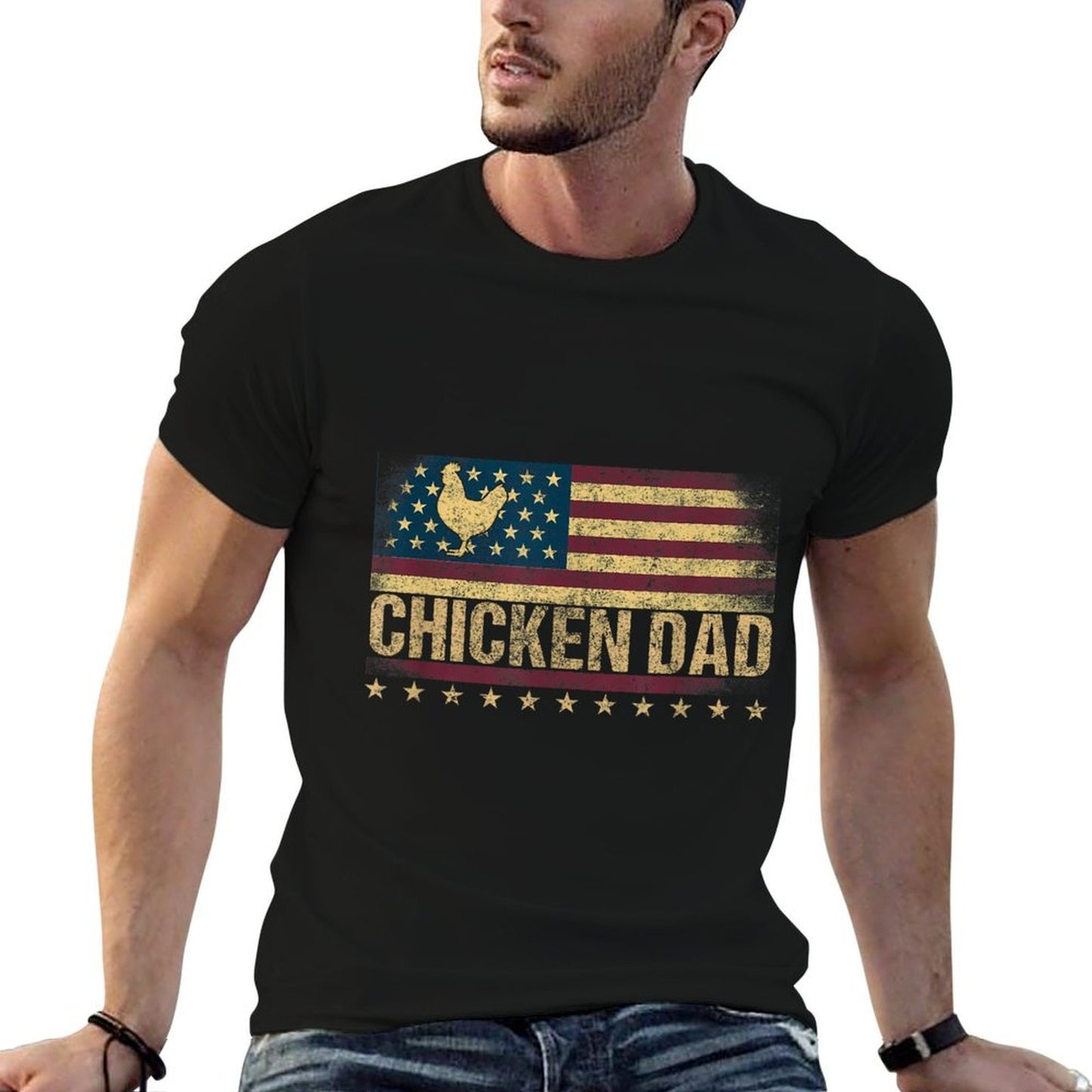Vintage USA Chicken Dad Stars High-quality Stitching T-Shirt