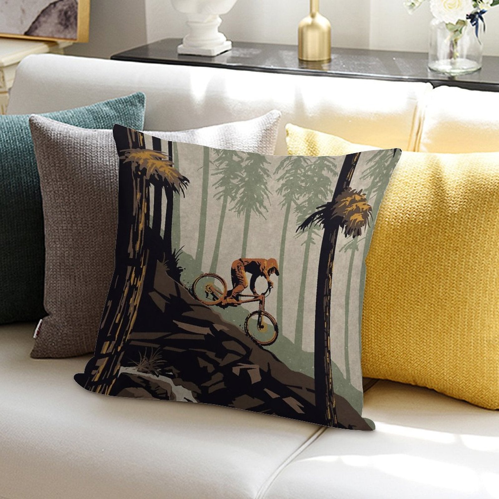 Retro Scenic Mountain Bike Poster Art Think Outside, No Box Required! Soft Shrink-Resistant Throw Pillow