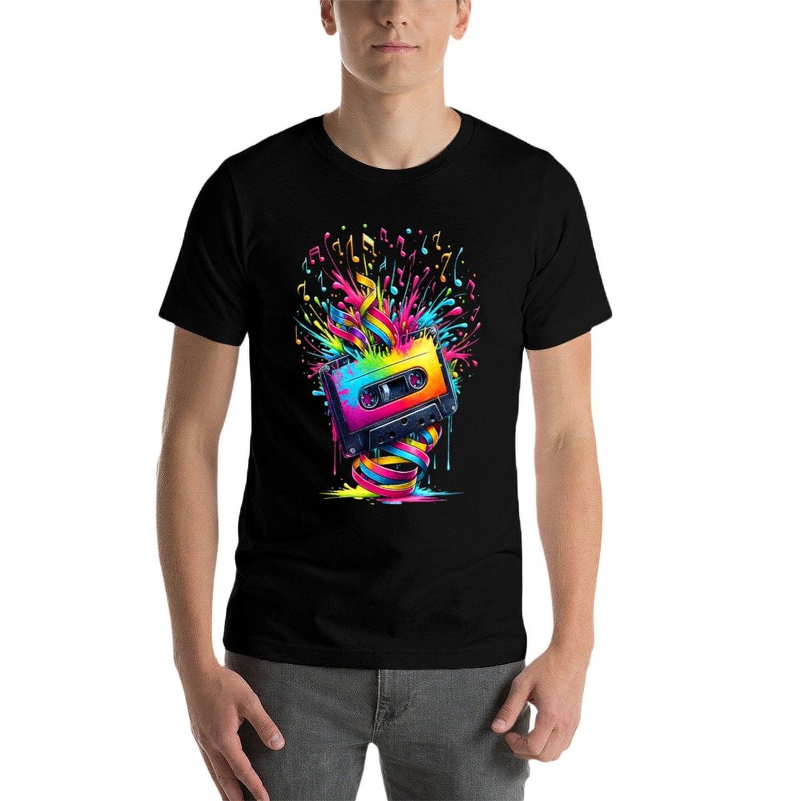 80s 90s Music Notes Cassette Tape Music  Fade-proof Color T-Shirt