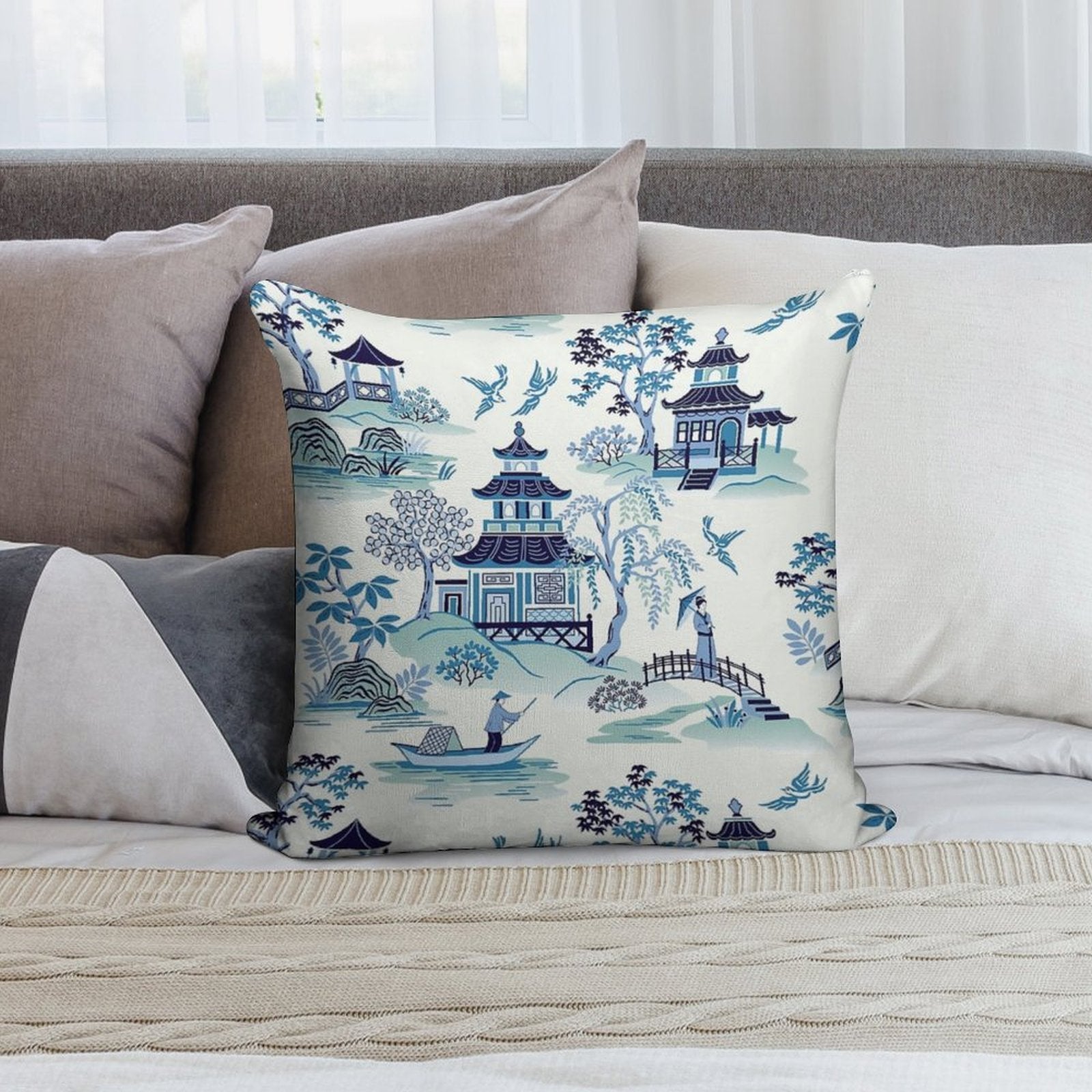 Chinoiserie Blue Soft Shrink-Resistant Throw Pillow