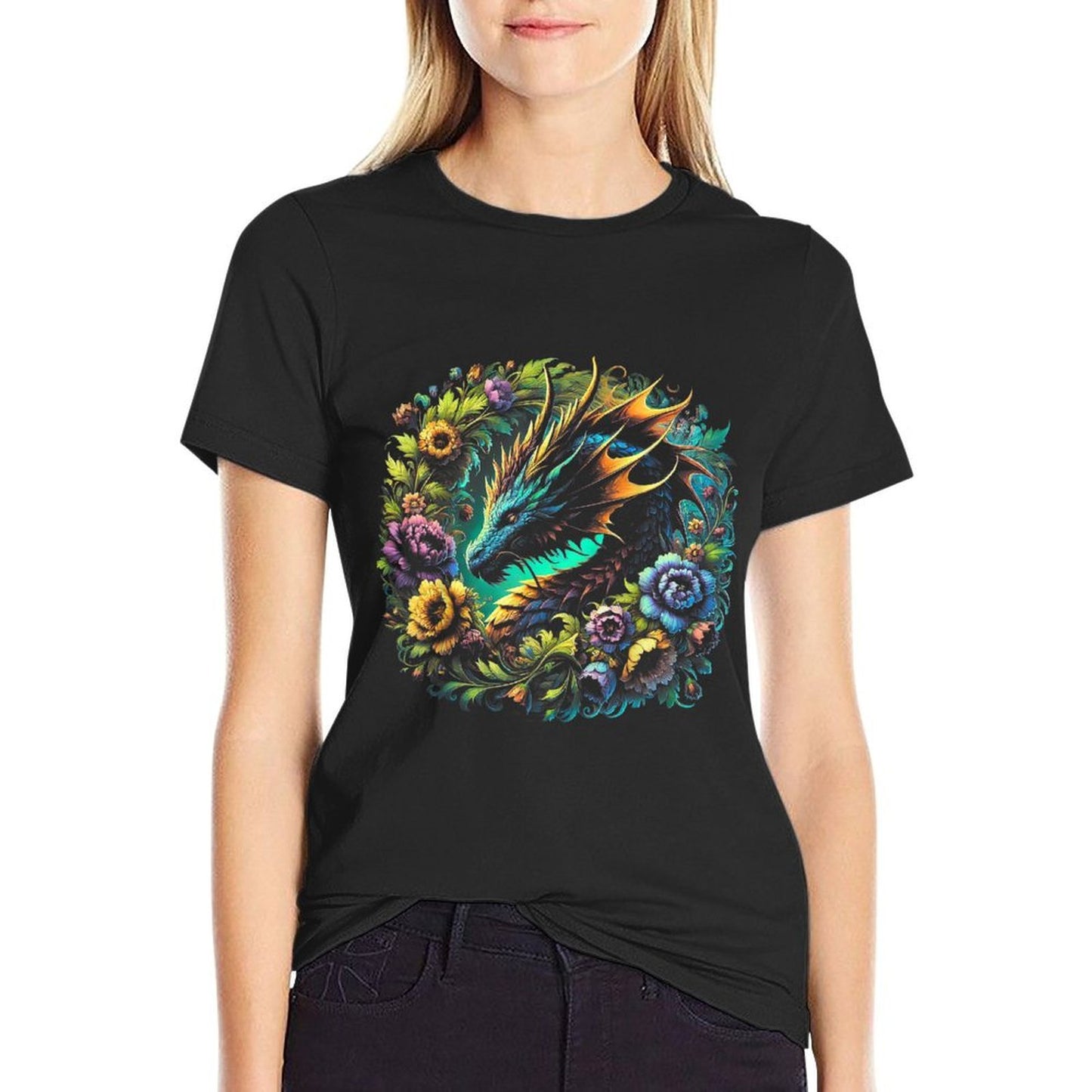 Watercolor Dragon Flowers Beautiful Art Colorful Graphic Summer-ready Fabric T-Shirt