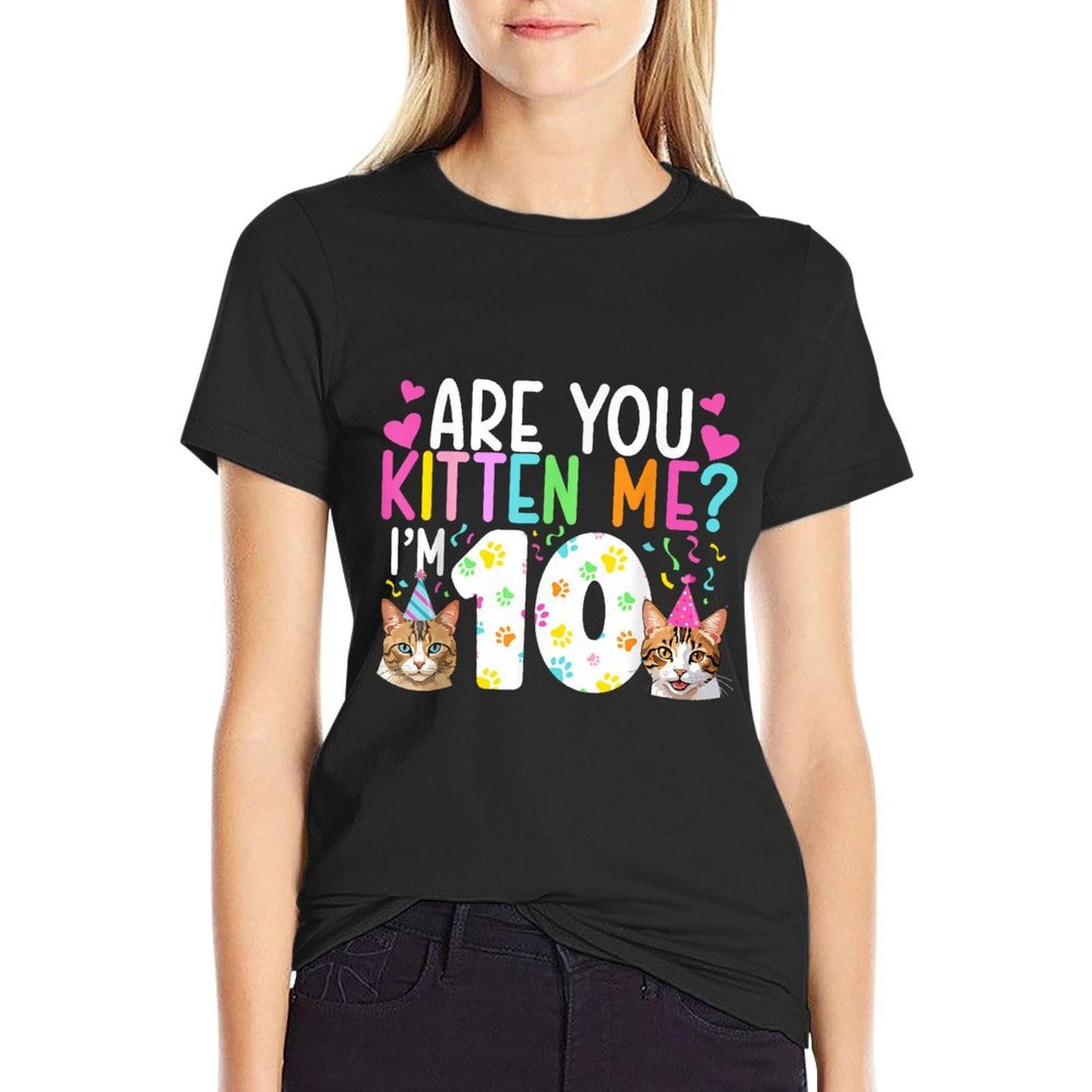 10th Cat Birthday Party 10 Year Old Girl Kitten Birthday Cotton T-Shirt
