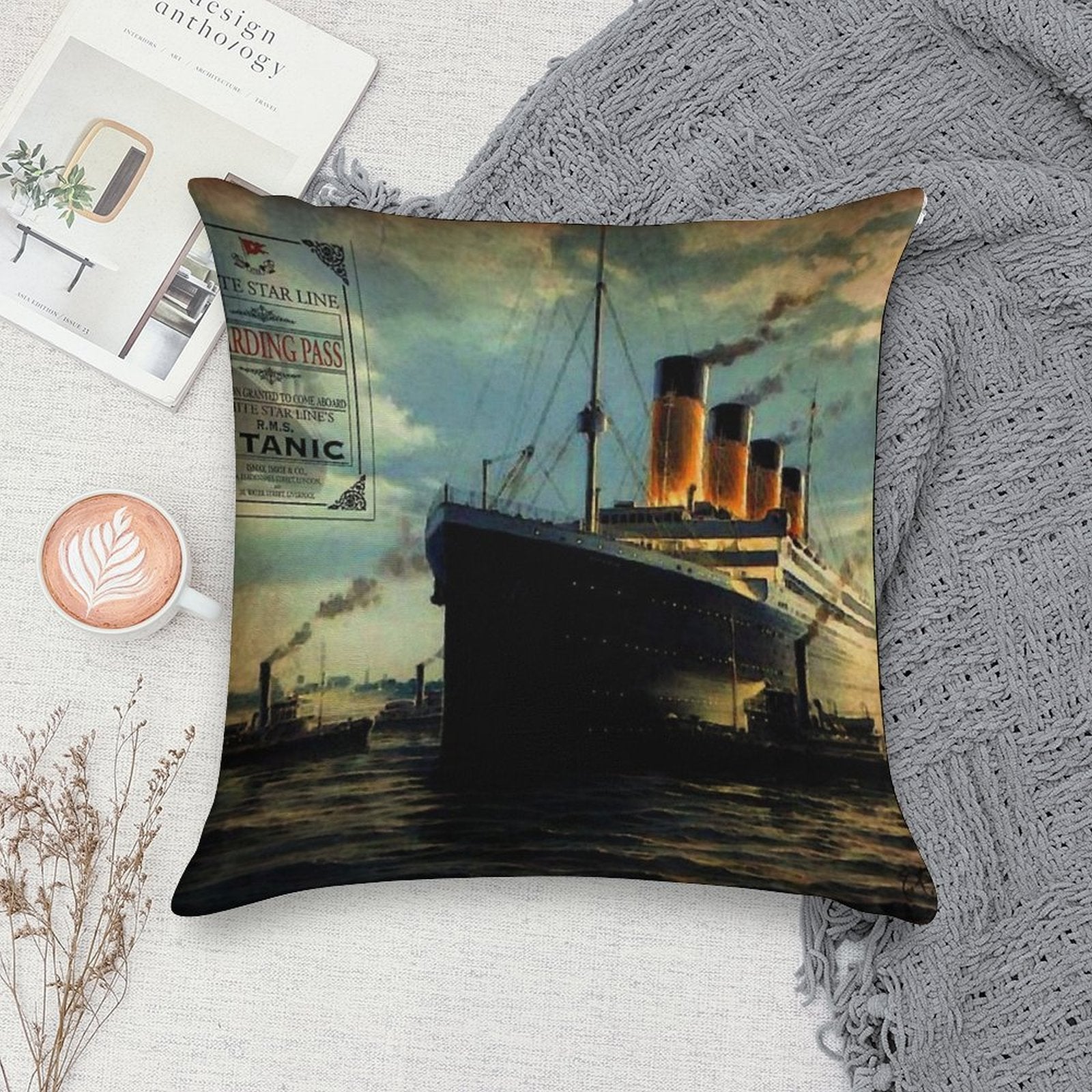 Vintage Titanic Ship with Boarding Pass Soft Fade-Resistant Throw Pillow