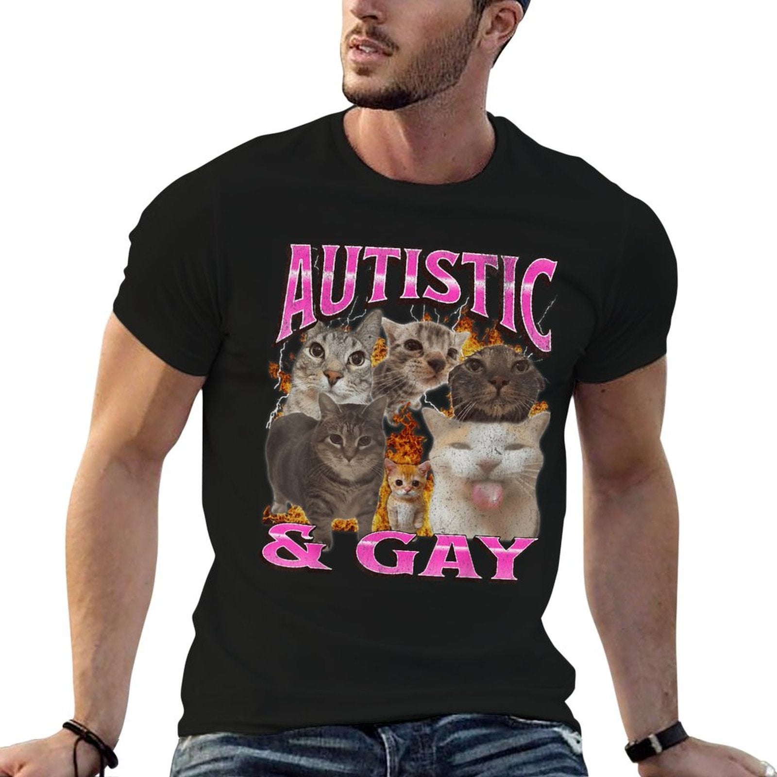 Autistic And Gay Funny Cat Meme Bootleg Graphic  Affordable Price T-Shirt
