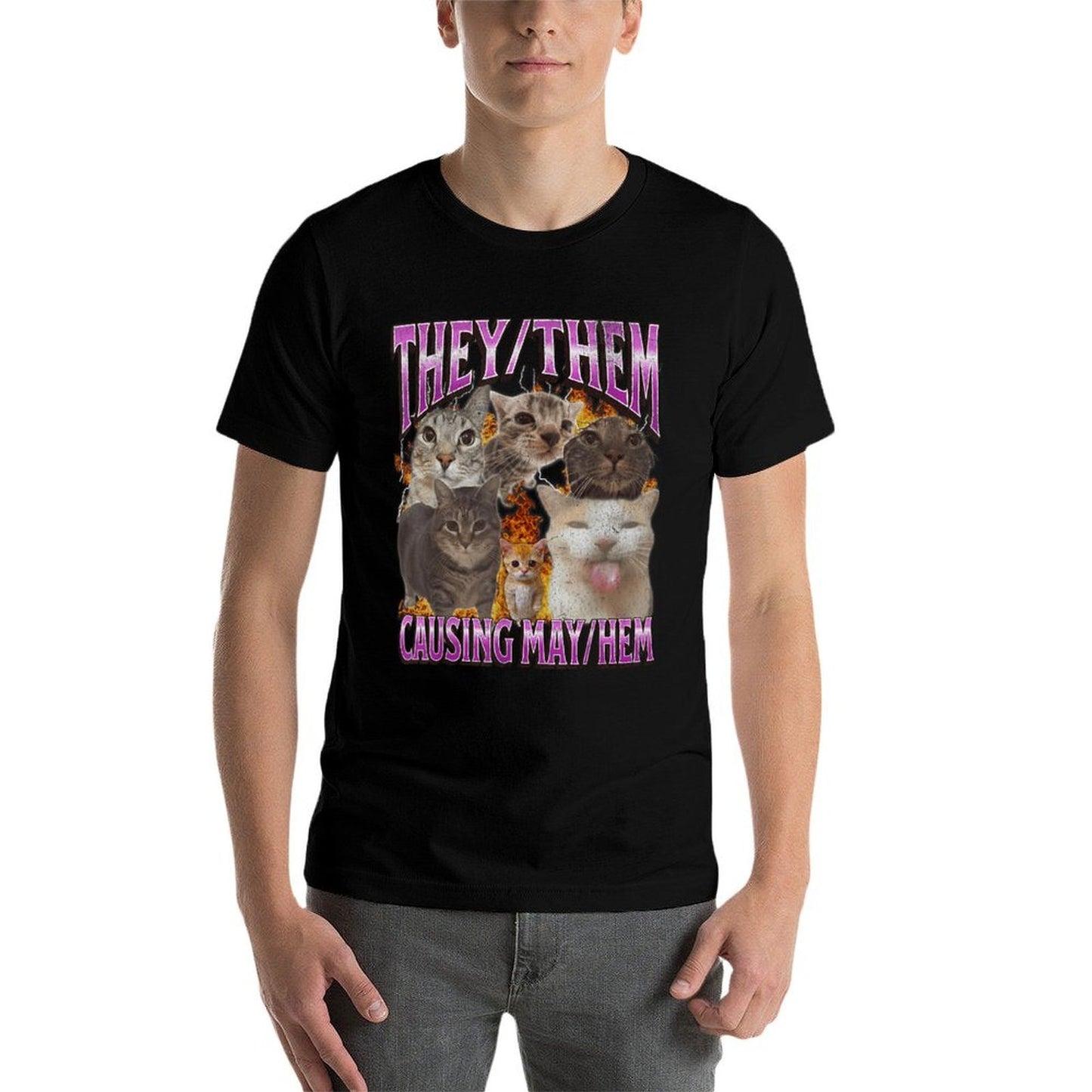 They Them Causing Mayhem Funny Cat Meme Bootleg Graphic Oversized Silhouette T-Shirt