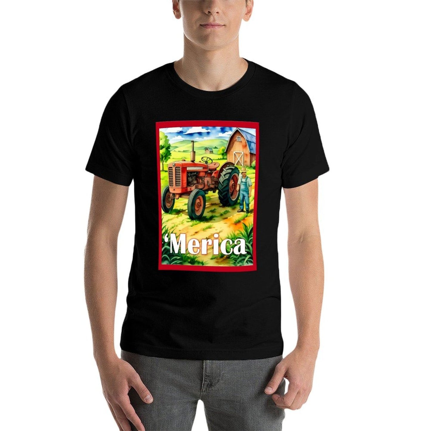 Watercolor Style Americana Farm Scene Graphic-printed T-Shirt