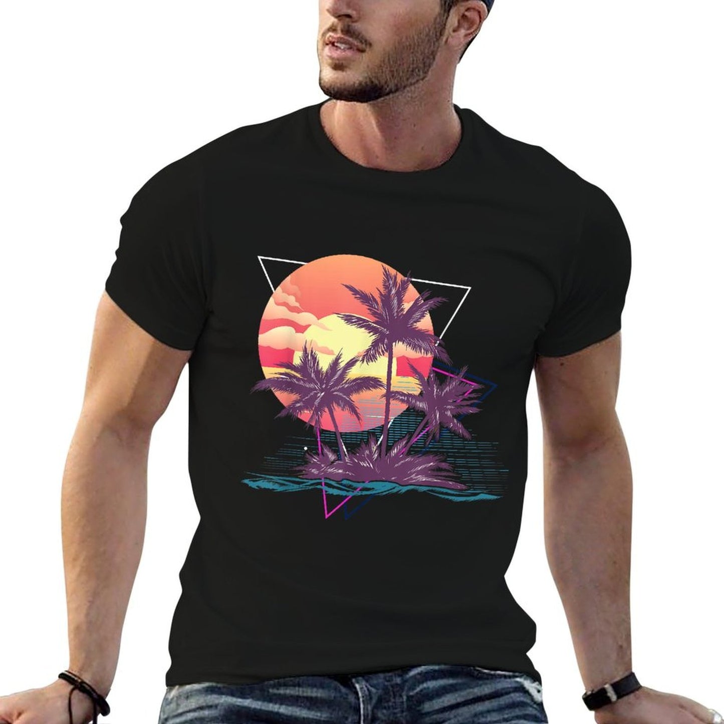 Sunset Beach Palm Trees Tropical Summer Retro Polyester Blend T-Shirt