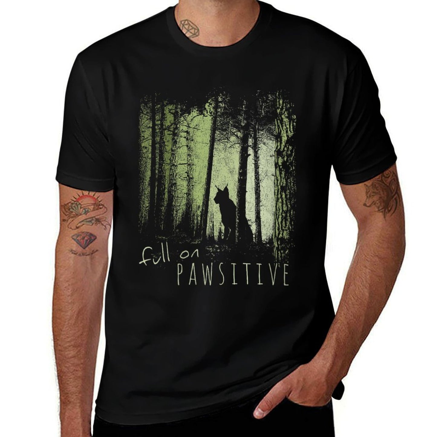 Womens Full On Pawsitive! Lynx Wildcat Bobcat In Twilight Forest Easy-care T-Shirt