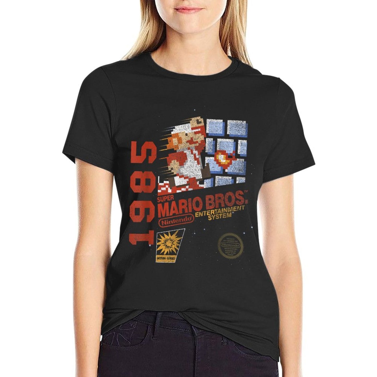 Super Mario Bros NES 1985 Retro 8-Bit Nintendo Game Cover Ribbed Collar T-Shirt