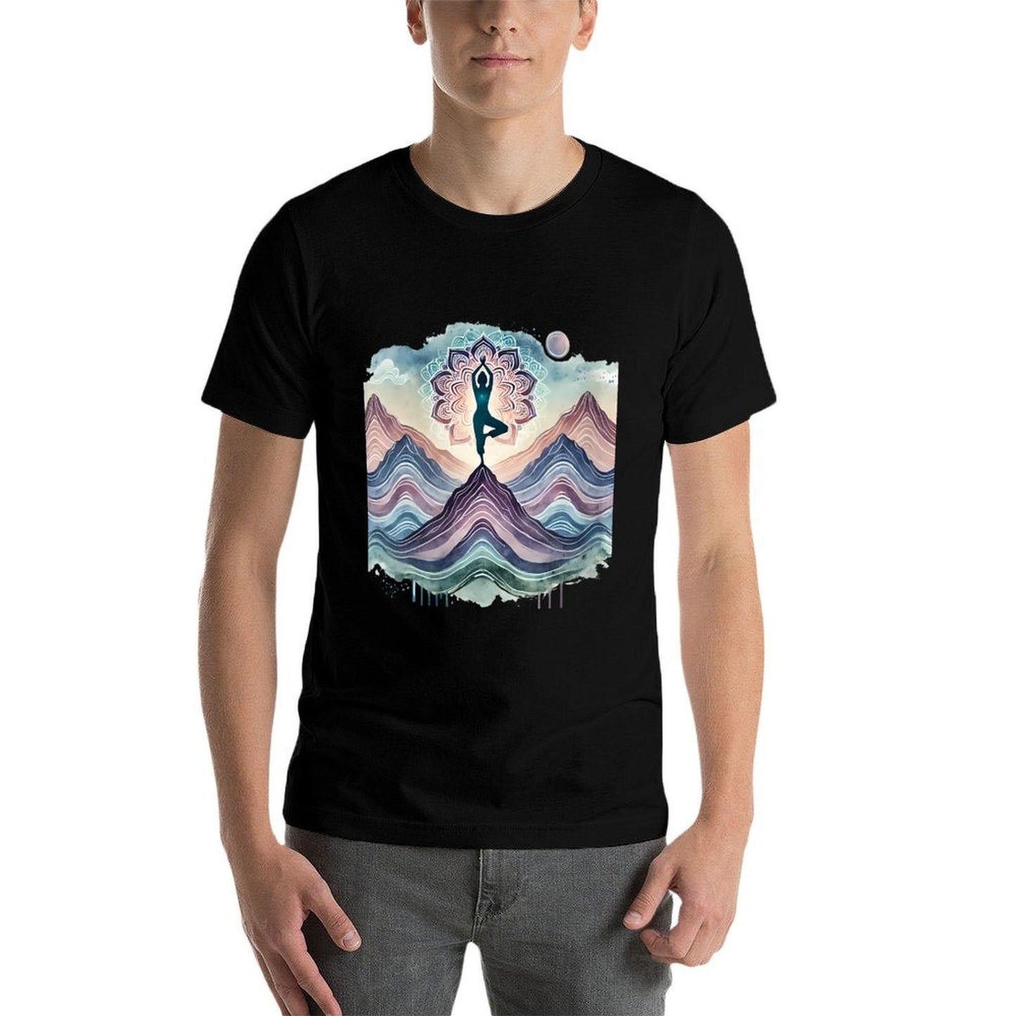 Womens Abstract Yoga Art, Tree Pose with Mandala Mountain Landscape Breathable T-Shirt