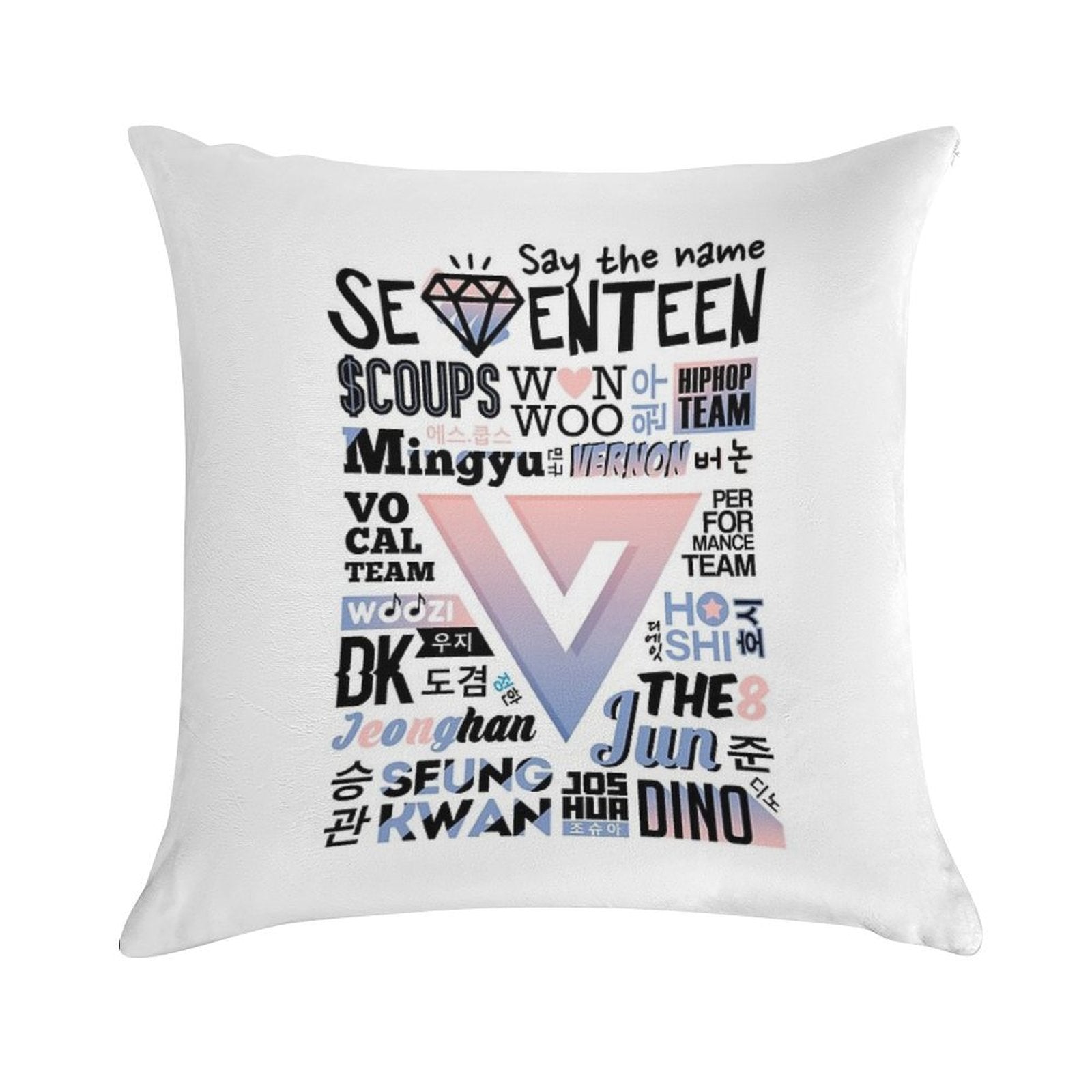 SEVENTEEN Font Collage Ver. 2 (Rose Quartz & Serenity) Soft Skin-Friendly Throw Pillow