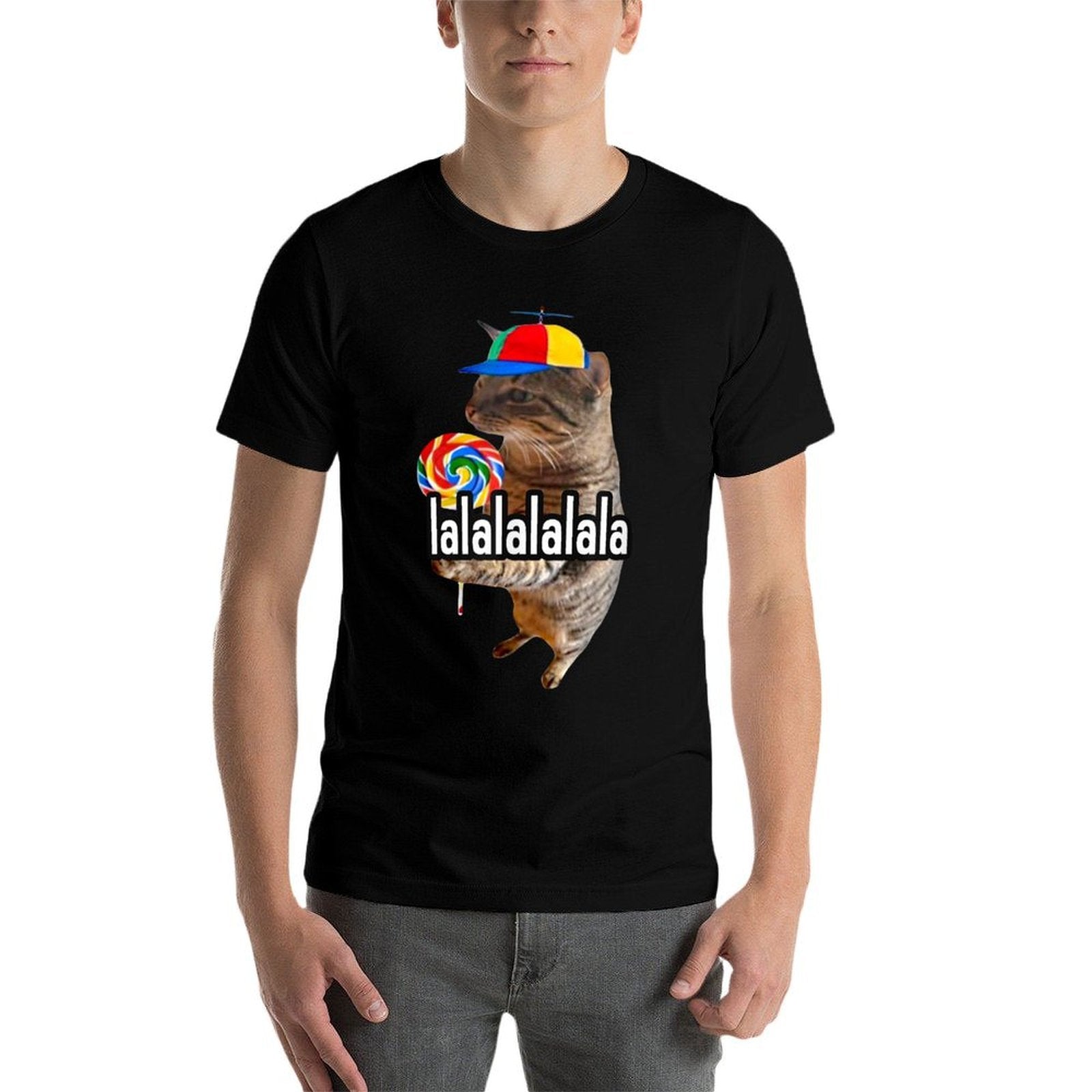 Silly Cat With Lollipop Lalalalalala Meme  Durable T-Shirt