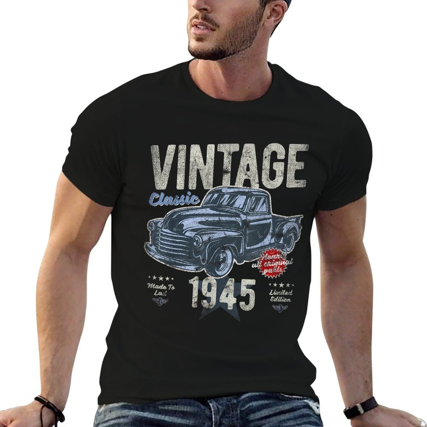 Vintage, Born 1945, 80th Birthday, Classic Pick Up Truck Rolled Sleeves T-Shirt