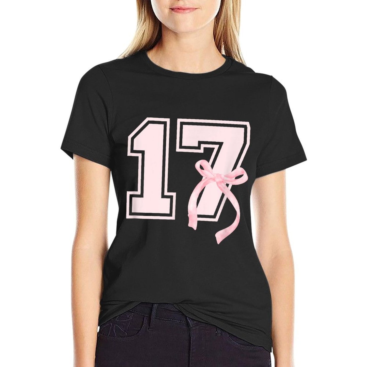 17th Coquette Birthday Party Seventeen Year Old Bow Ribbed Collar T-Shirt