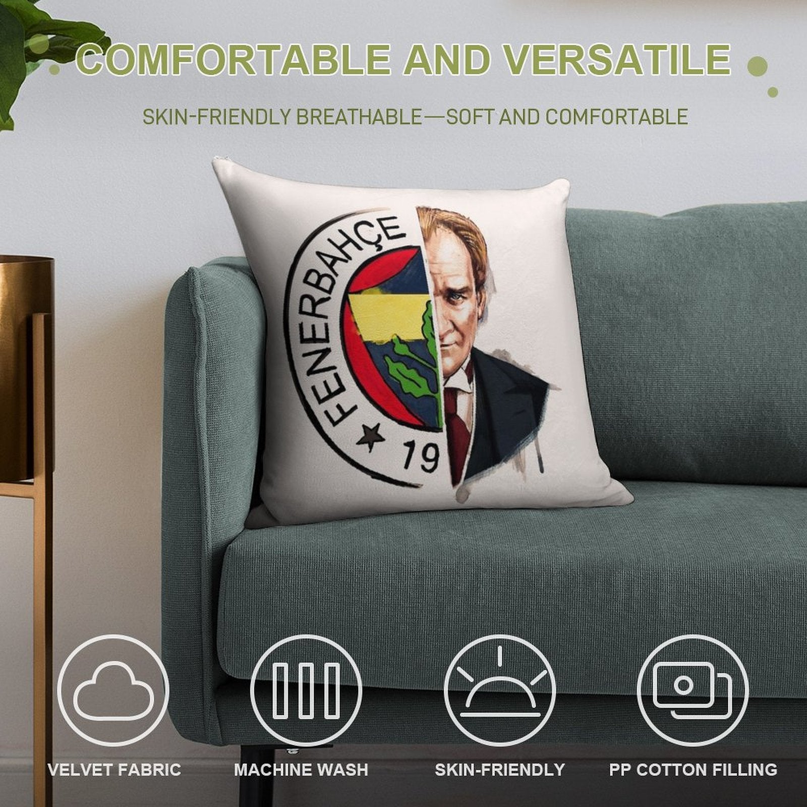 Fenerbahçe Ataturk Soft Short Plush Fabric Throw Pillow