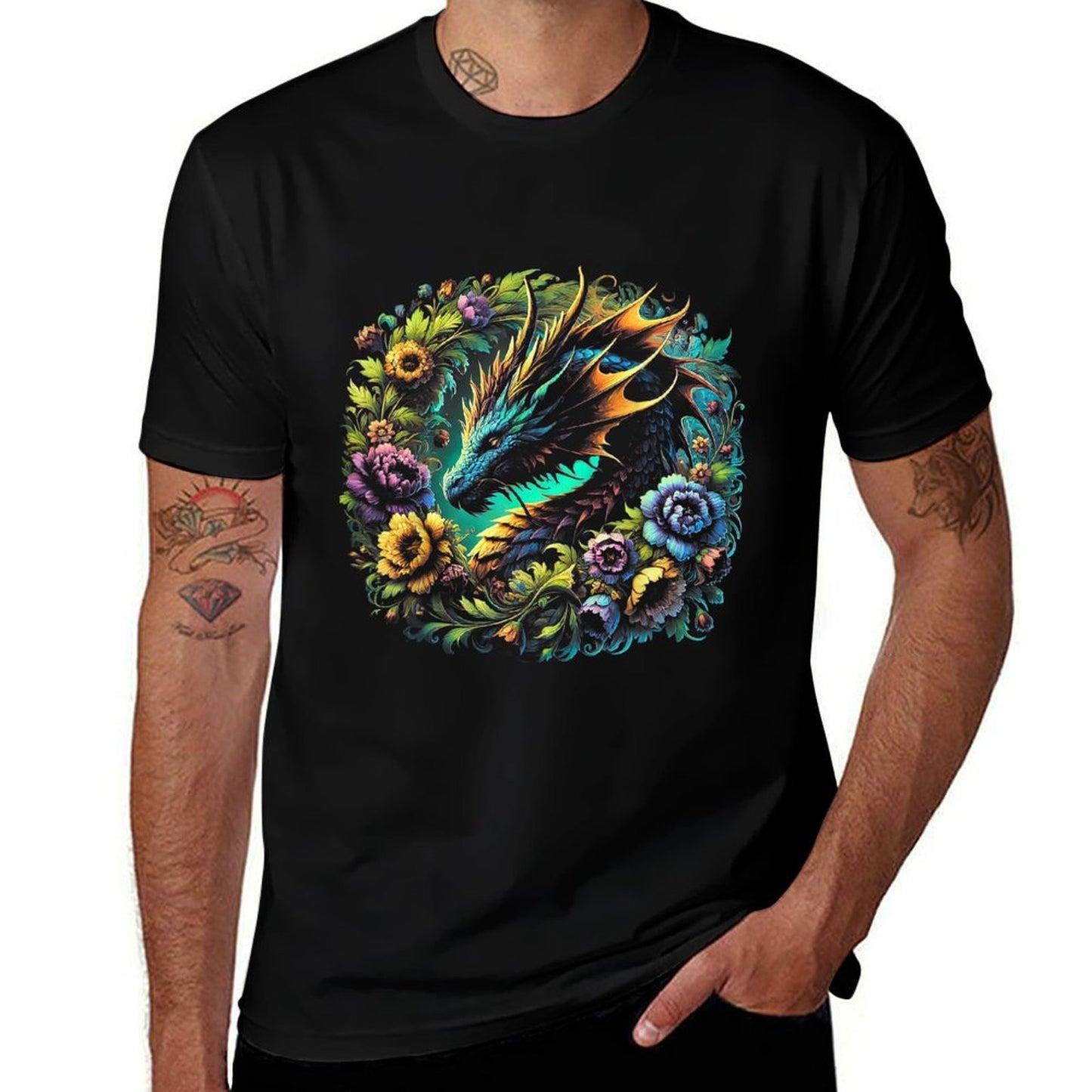 Watercolor Dragon Flowers Beautiful Art Colorful Graphic Summer-ready Fabric T-Shirt