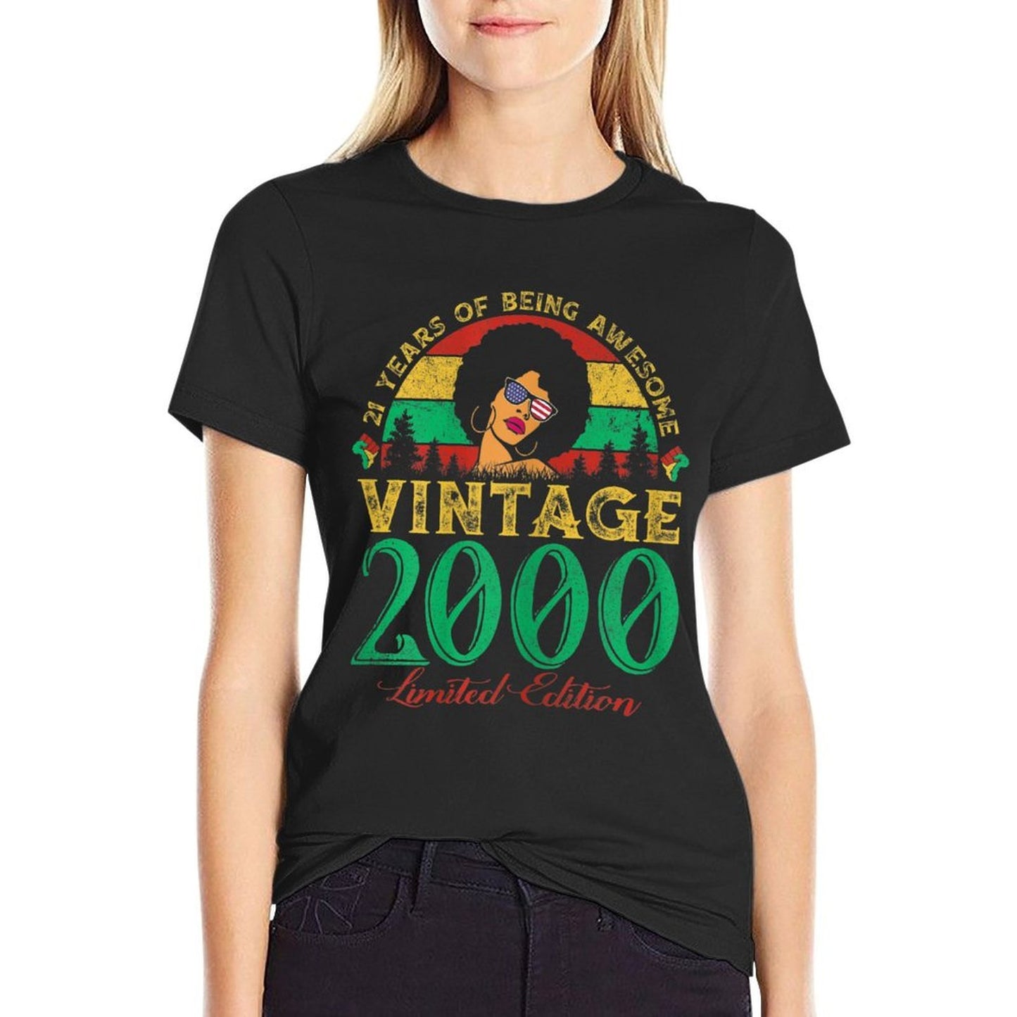 Womens Vintage 2000 Sunset 21 Years Old Black Woman 21st Birthday Wrinkle-resistant T-Shirt