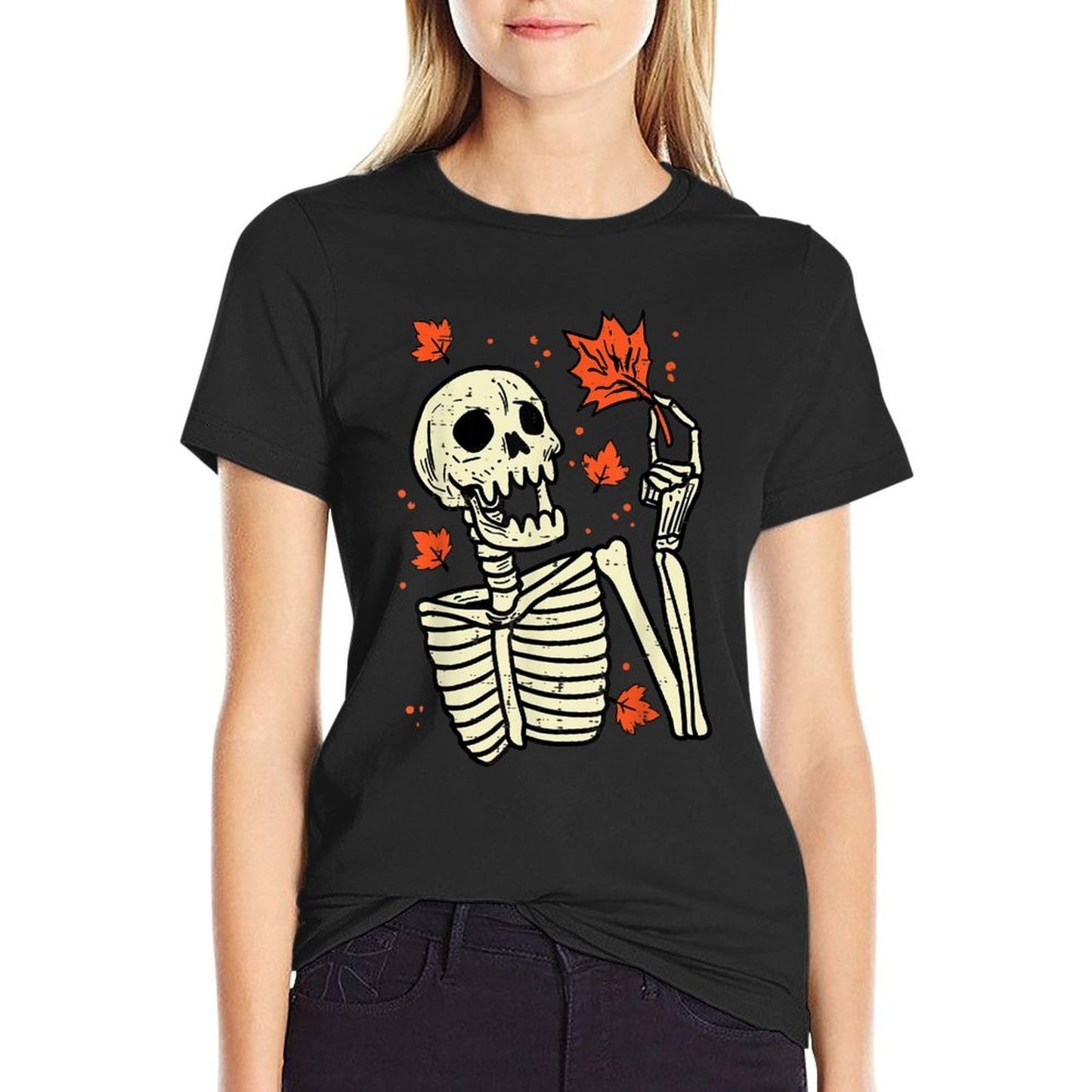 Skeleton Maple Leaf Skull Retro Vintage Halloween Fall Women  Oversized Silhouette T-Shirt