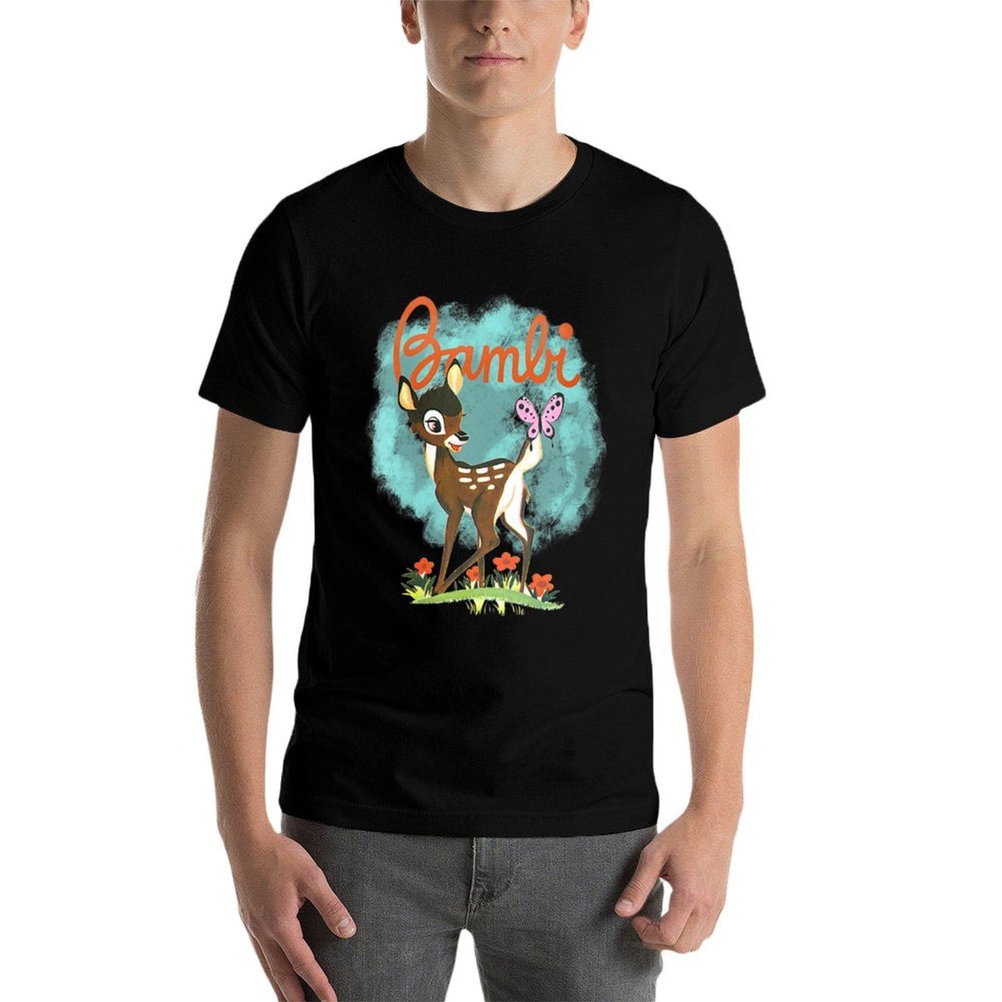 Womens Disney Bambi Cute Bambi Playing Around Watercolor Retro Durable T-Shirt