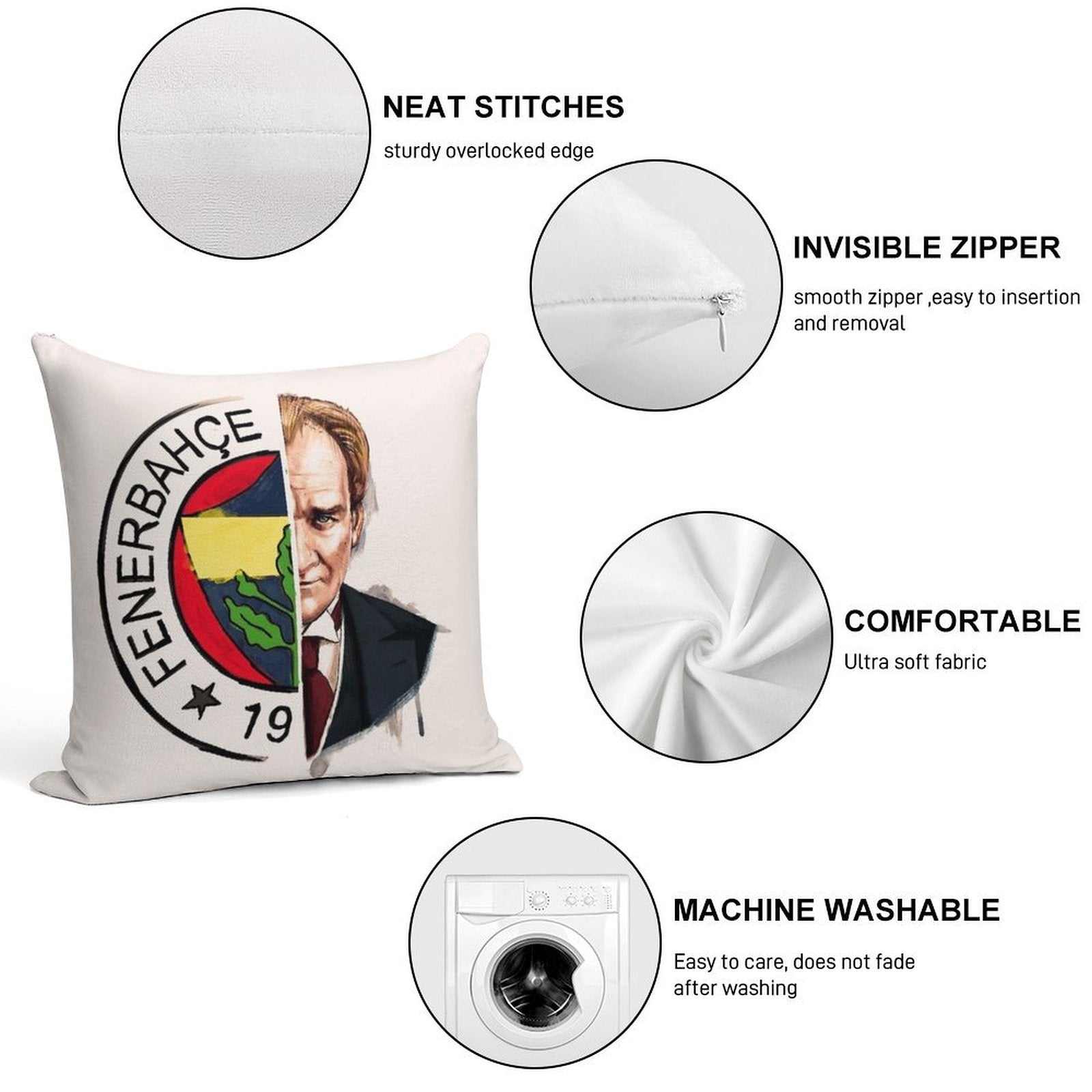 Fenerbahçe Ataturk Soft Short Plush Fabric Throw Pillow