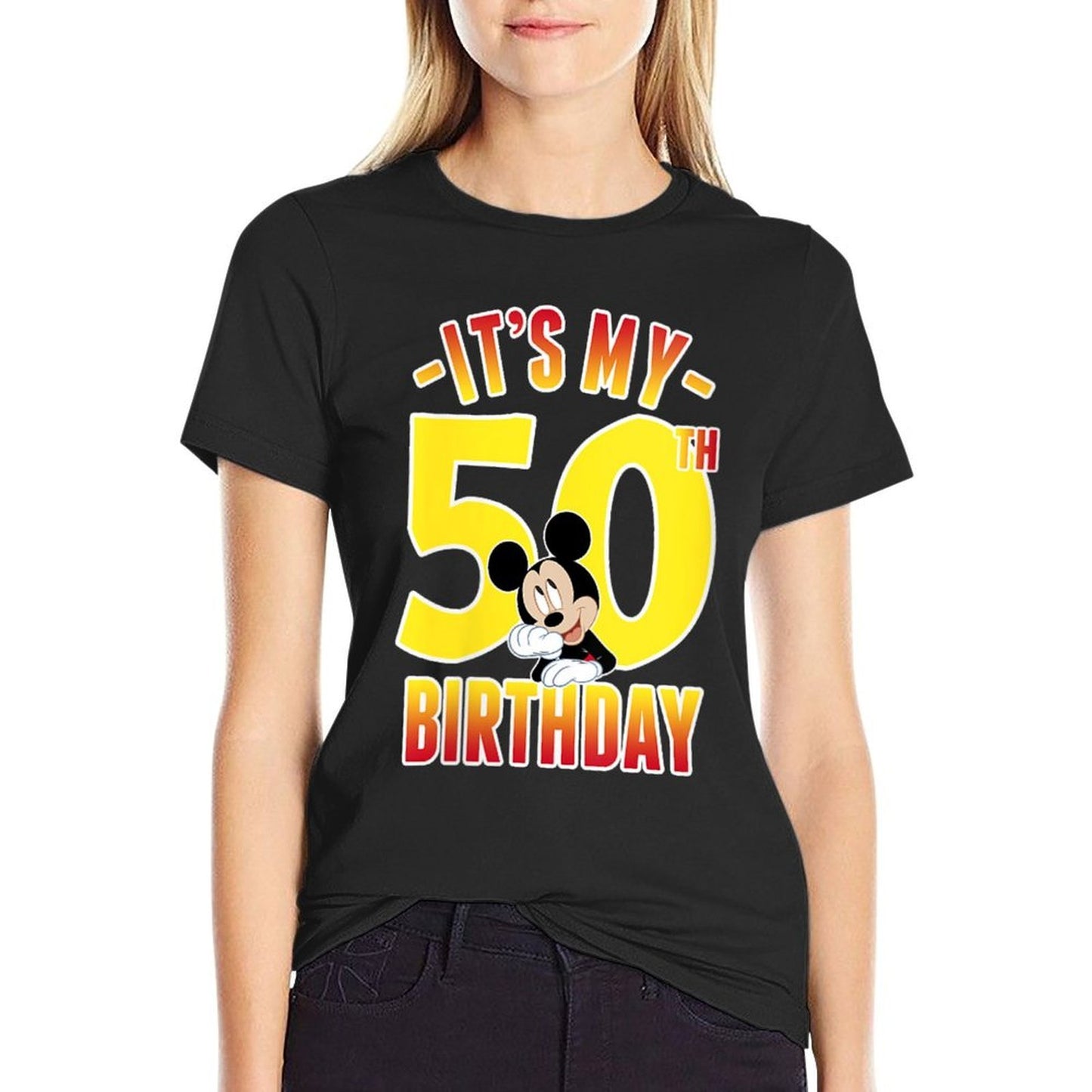 Womens Disney Mickey Mouse It's My 50th Birthday Gradient Portrait Breathable T-Shirt
