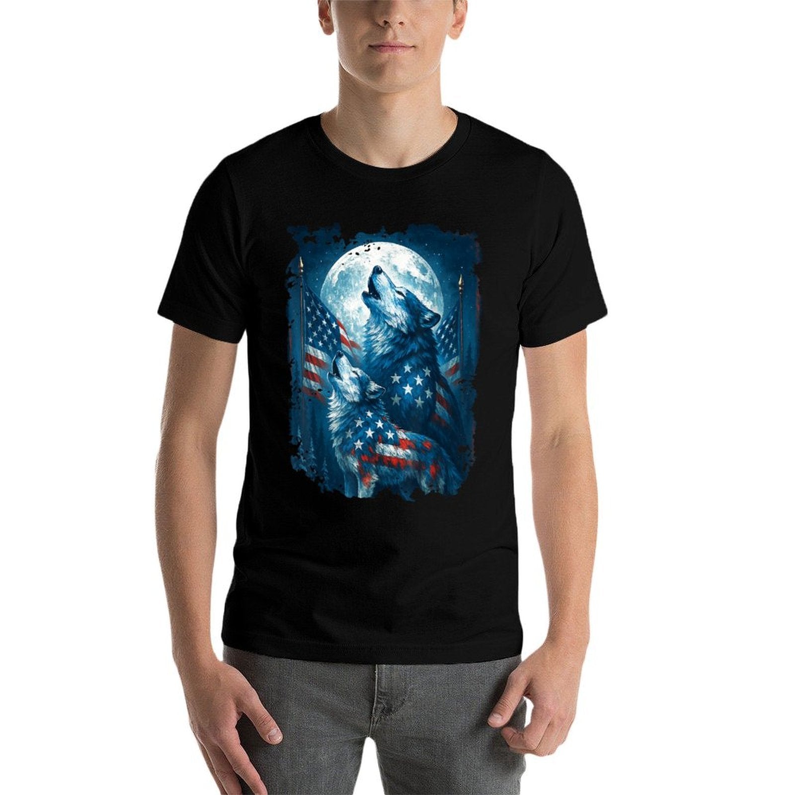4th of July American Wolf Howling Moon Wolves July 4th  Tagless Design T-Shirt