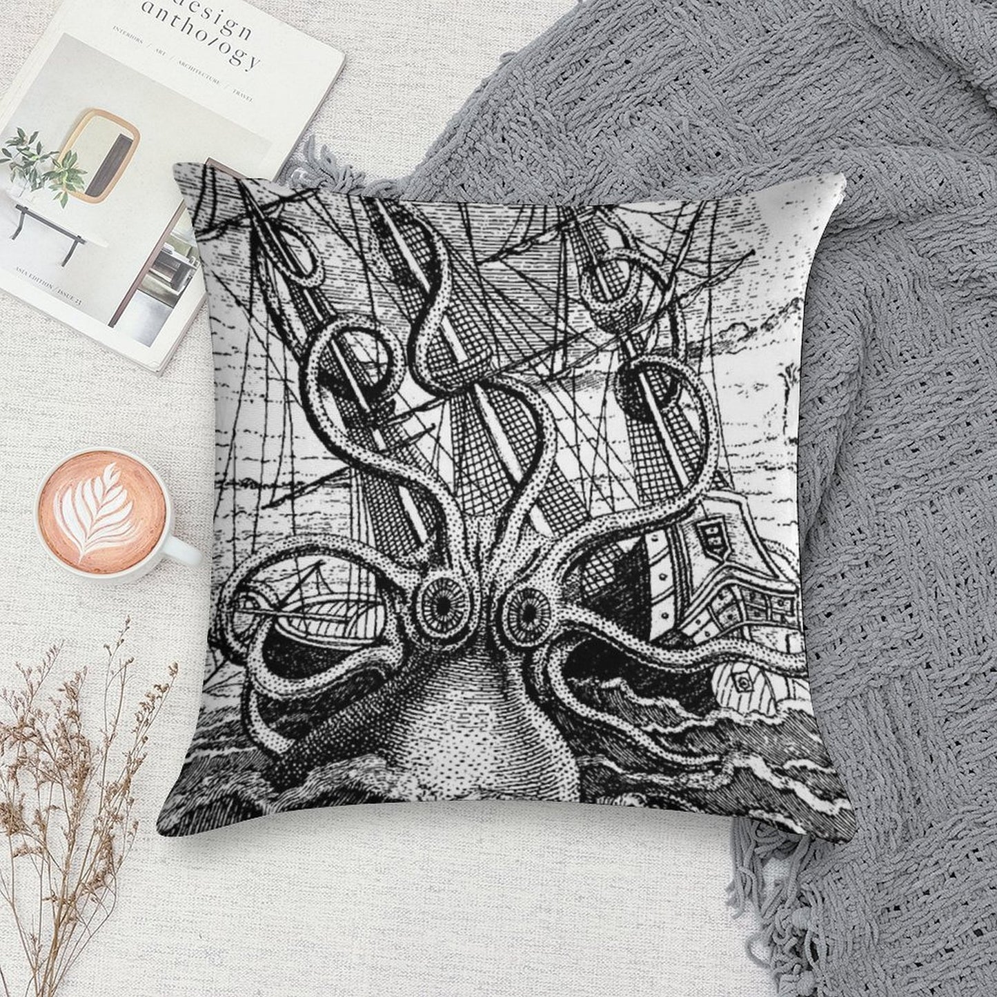 Vintage Kraken Attacking Ship Illustration Soft Short Plush Fabric Throw Pillow