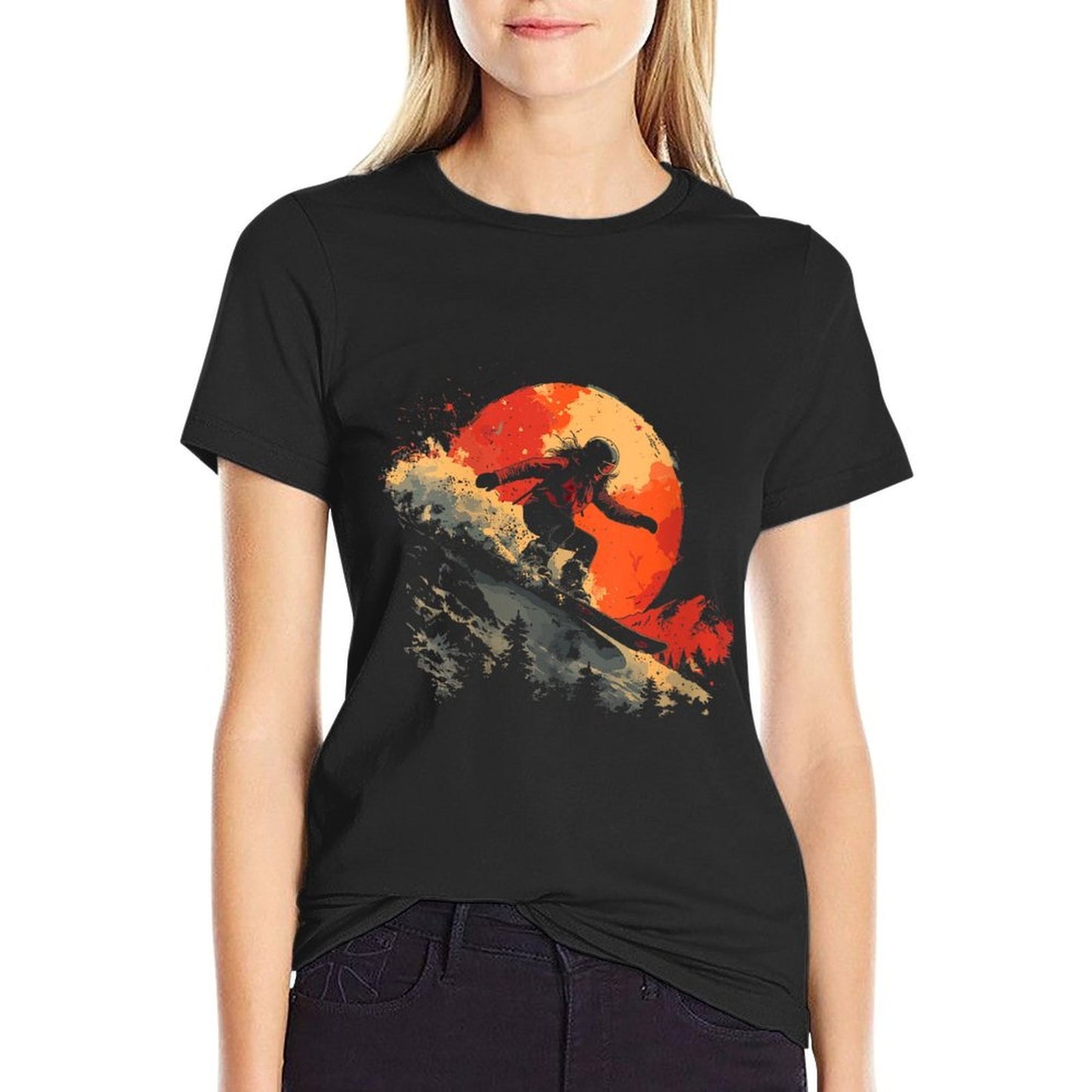 Womens 90s Snowboarding Girl Graphic Winter Sports Easy-care T-Shirt