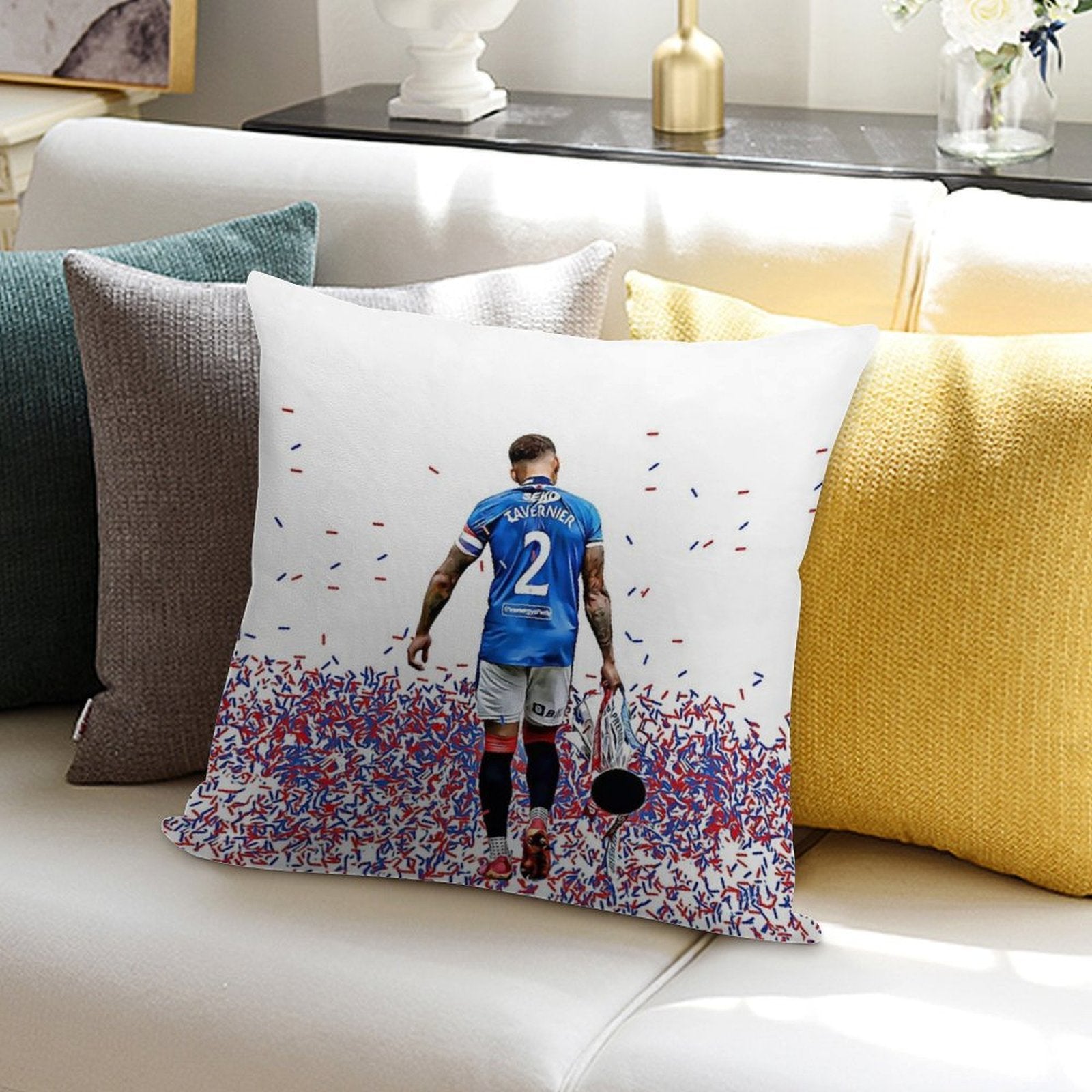 Rangers FC Captain James Tavernier with The 55th League Title Trophy Soft Shrink-Resistant Throw Pillow