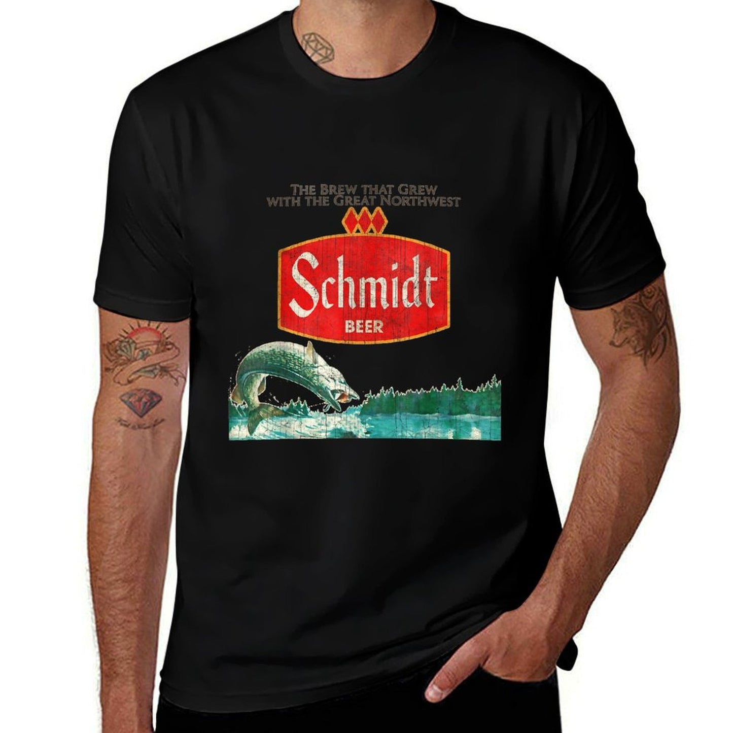 Vintage Schmidt Beer Retro Defunct Fishing Nature Scene High-quality Stitching T-Shirt