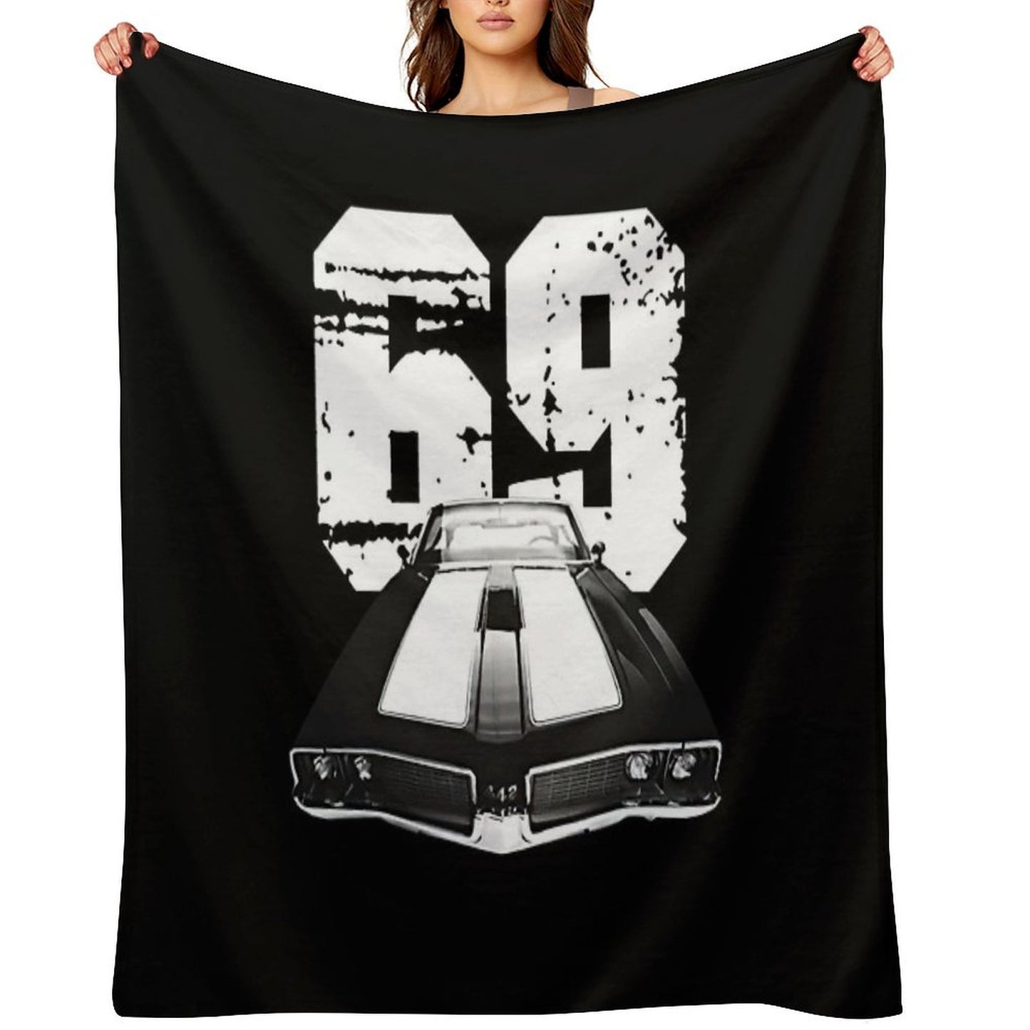 1969 Oldsmobile 442 Front Grill And Hood View with Year Shrink-resistant Throw Blanket