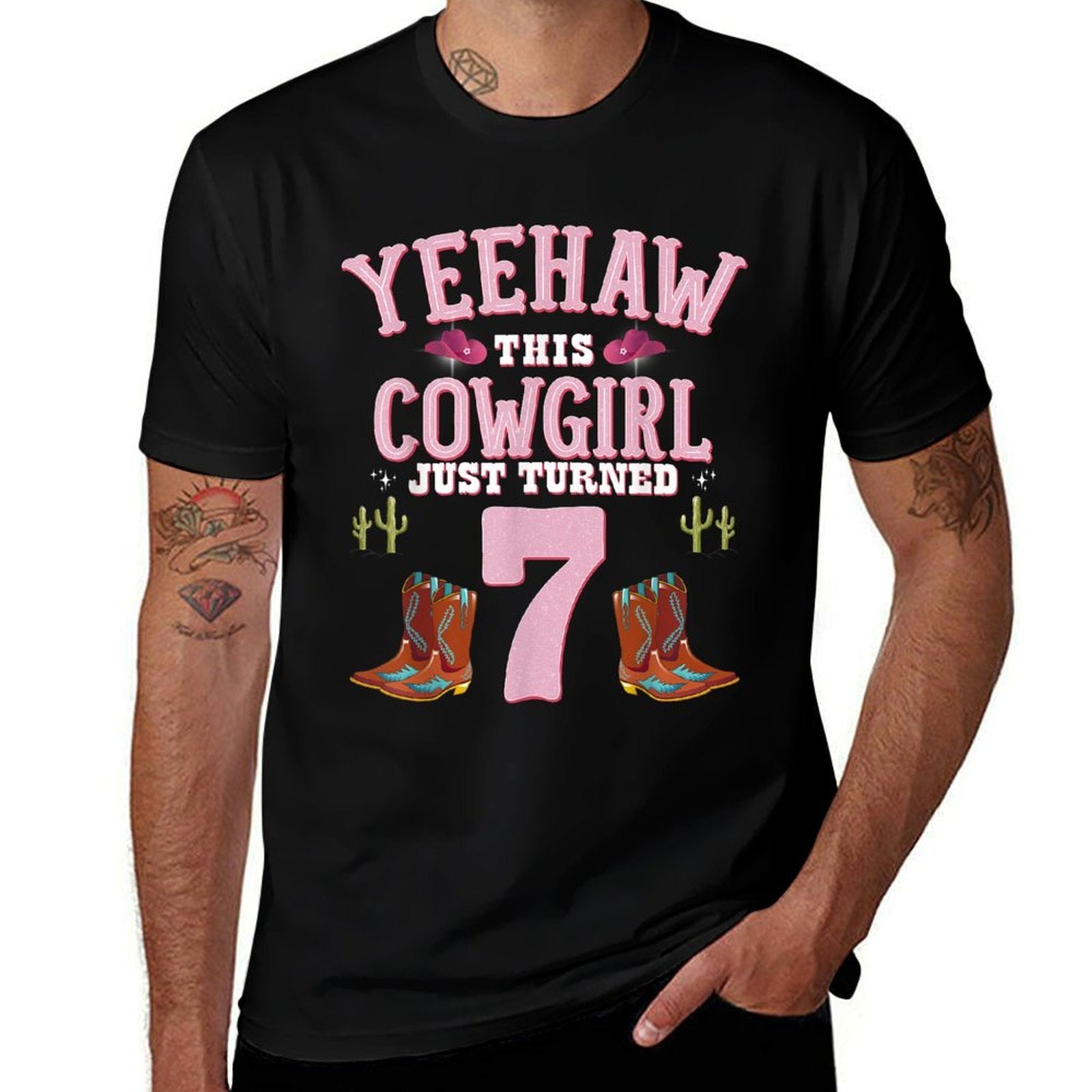 7th Birthday Girls Cowgirl YEEHAW Western Themed Birthday  Rolled Sleeves T-Shirt