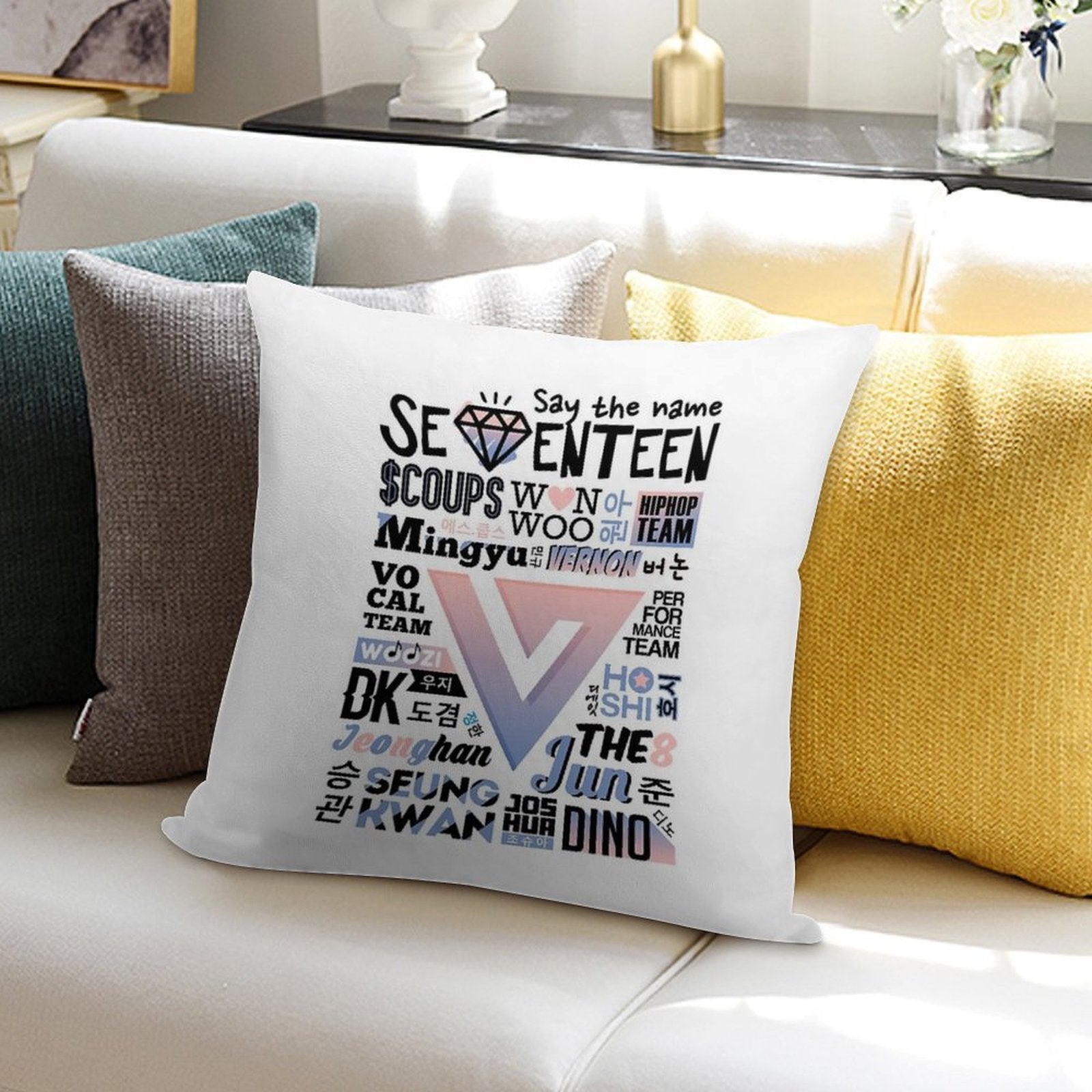 SEVENTEEN Font Collage Ver. 2 (Rose Quartz & Serenity) Soft Skin-Friendly Throw Pillow