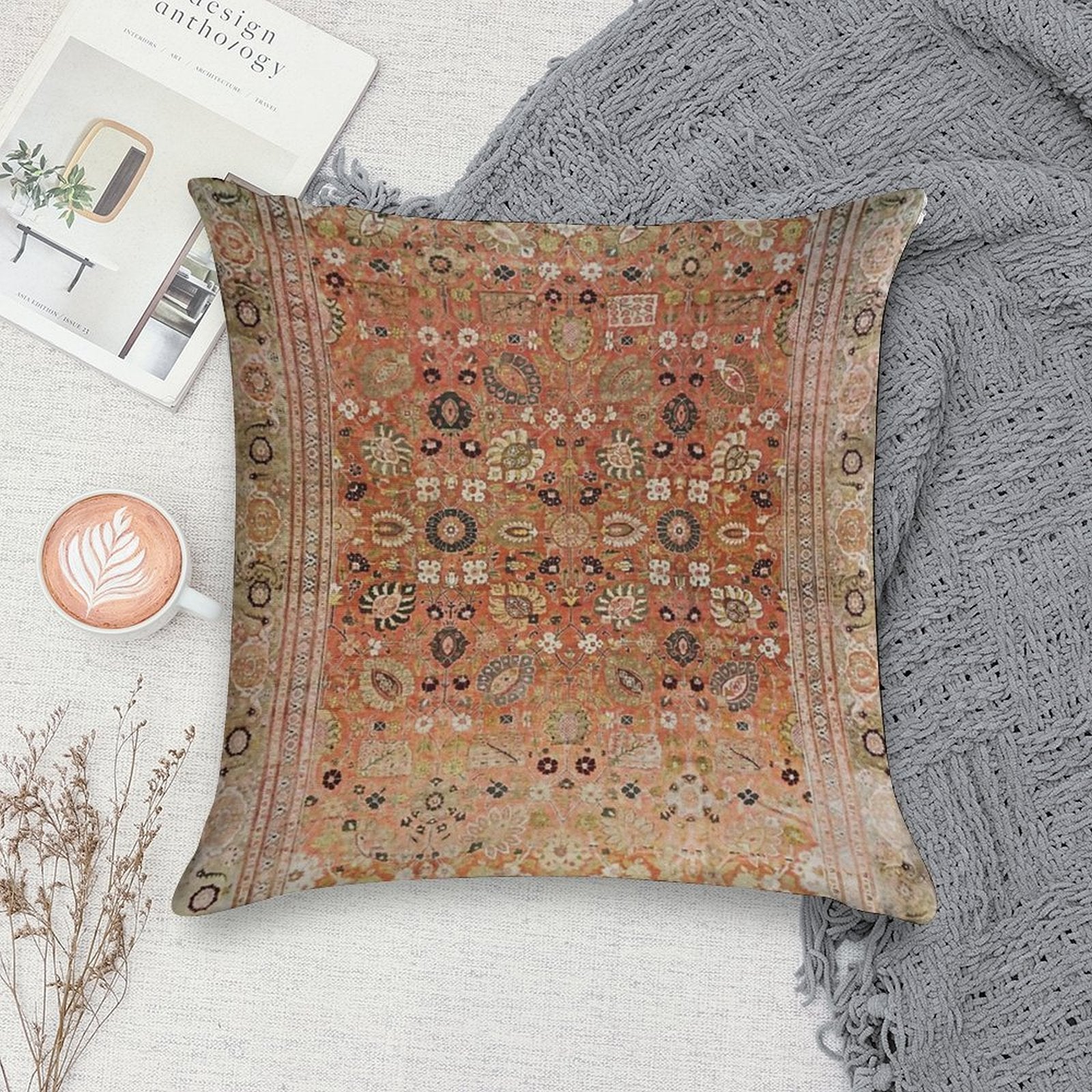 Antique Tabriz Persian Rug Print Soft Warmth Comfort Throw Pillow