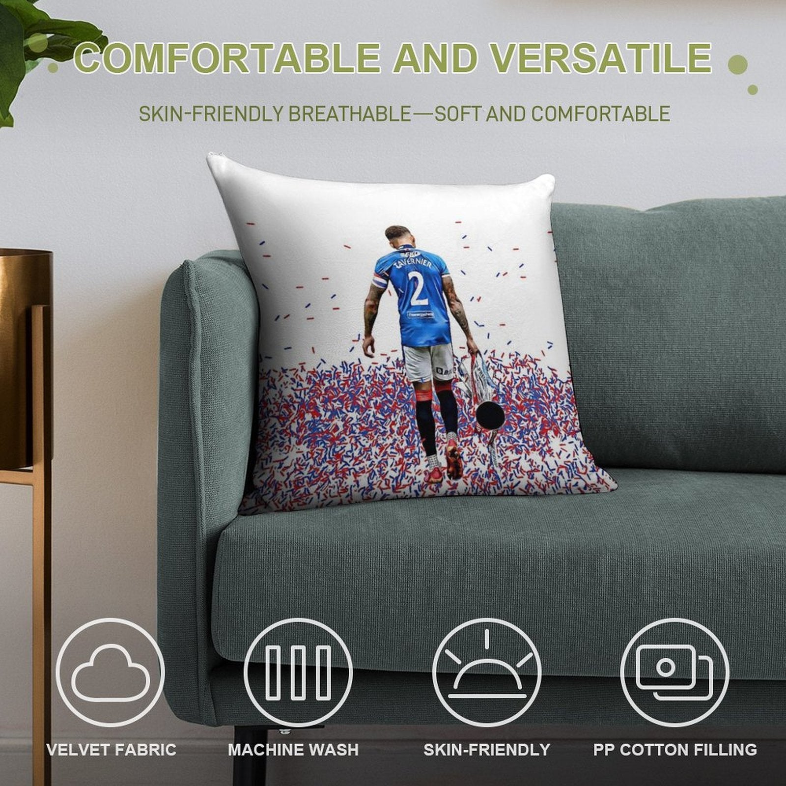 Rangers FC Captain James Tavernier with The 55th League Title Trophy Soft Shrink-Resistant Throw Pillow